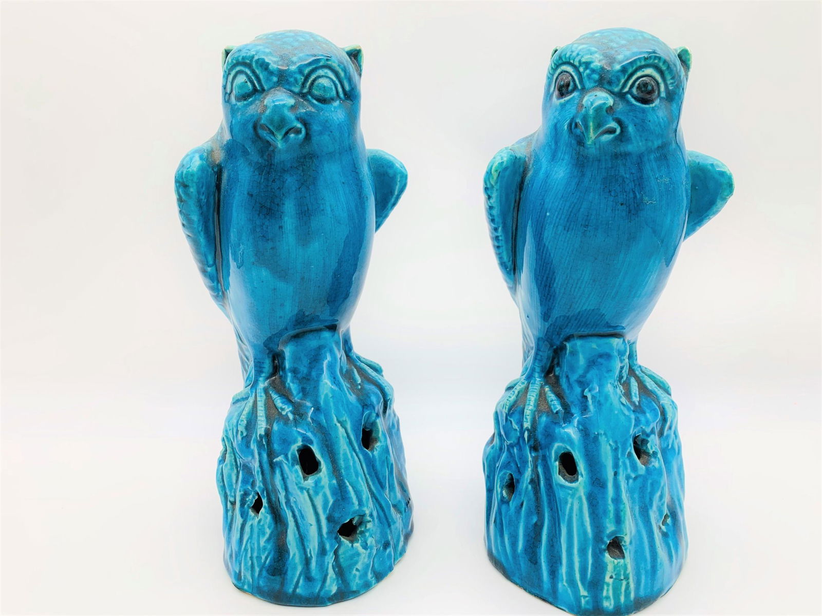 Pair 19th C Chinese Turquoise Glaze Owl Figures. (1 of 5)