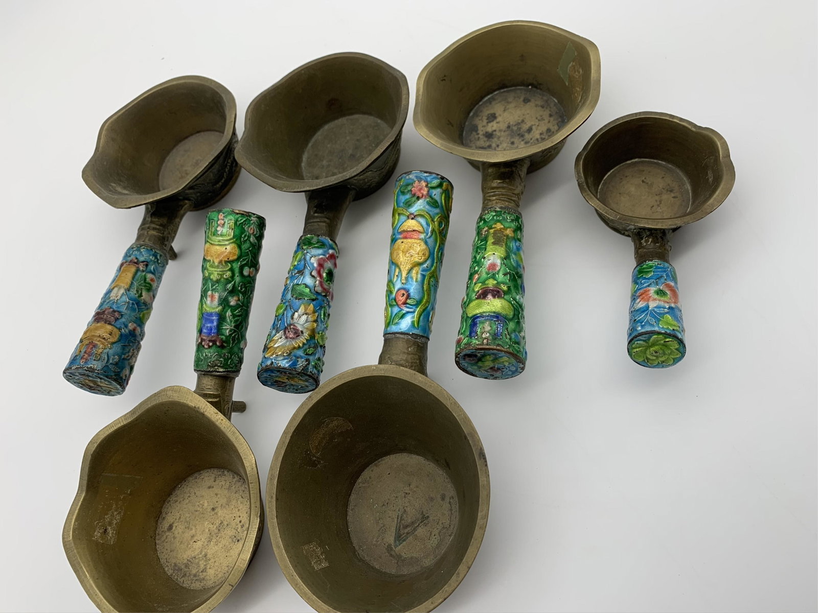 Six Chinese Brass And Enamel Silk Irons (1 of 3)