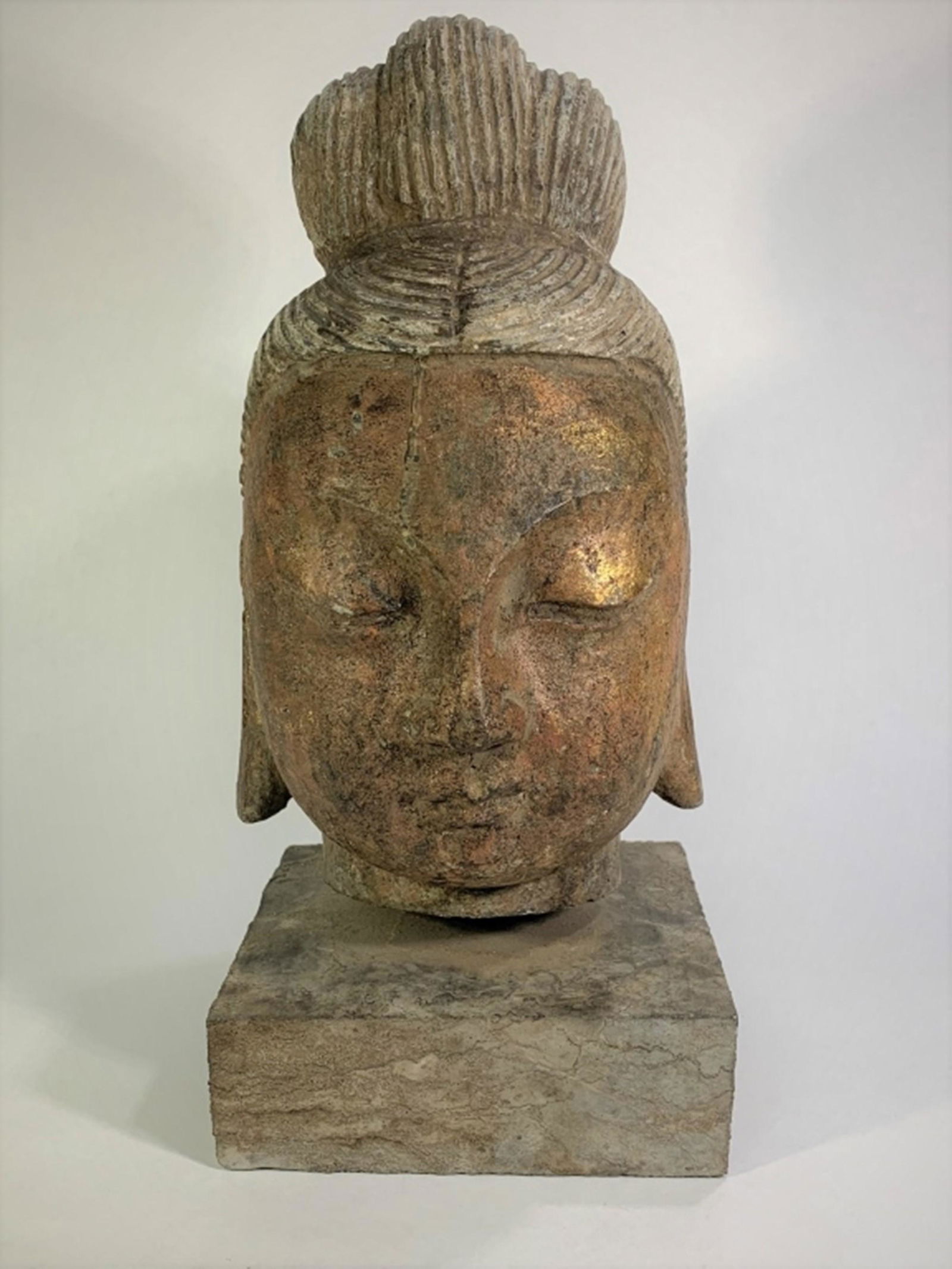 Carved Stone Buddha Head On Base (1 of 4)