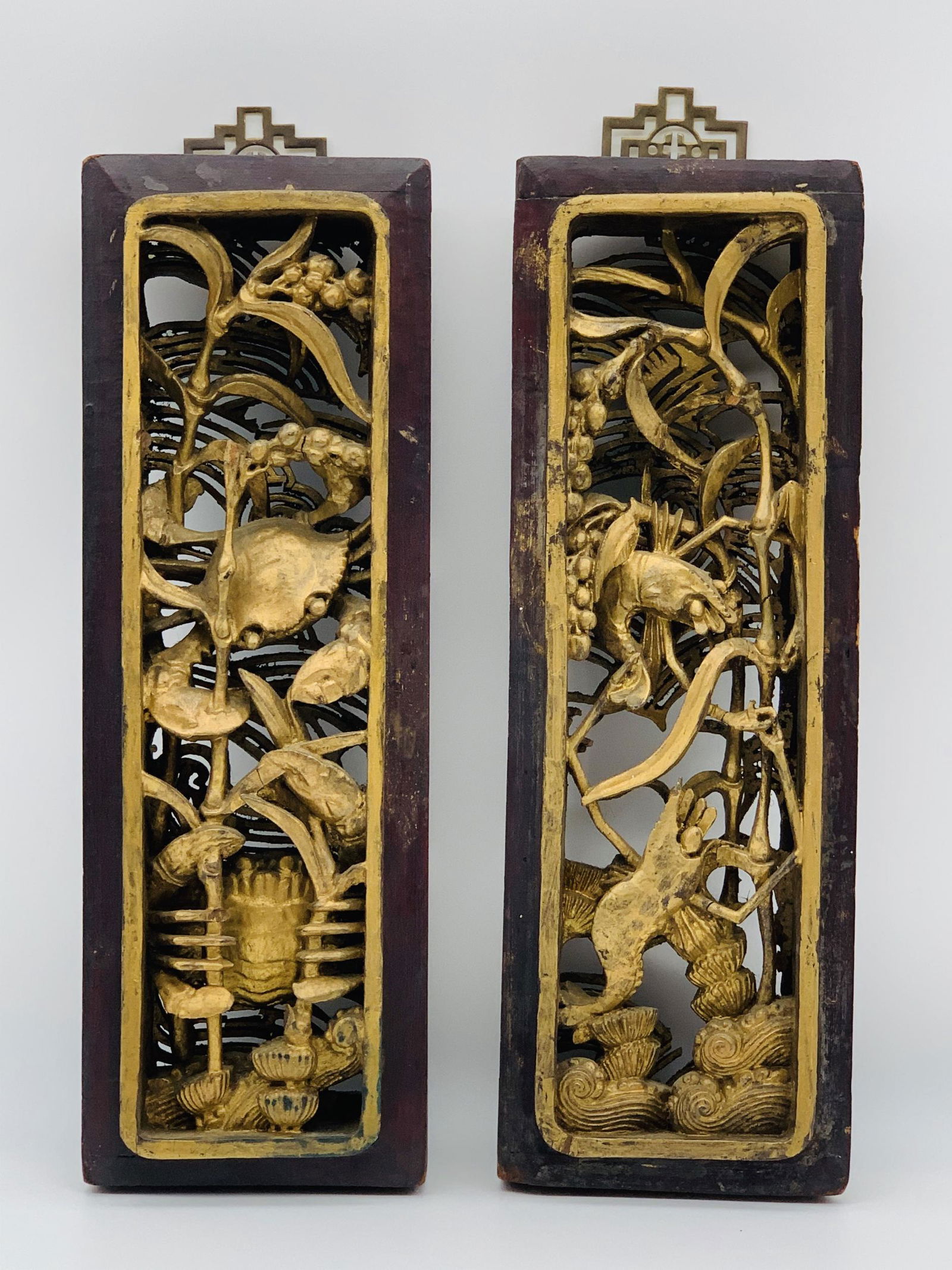 Pair Antique Chinese Carved Gilt Wood Panels (1 of 6)