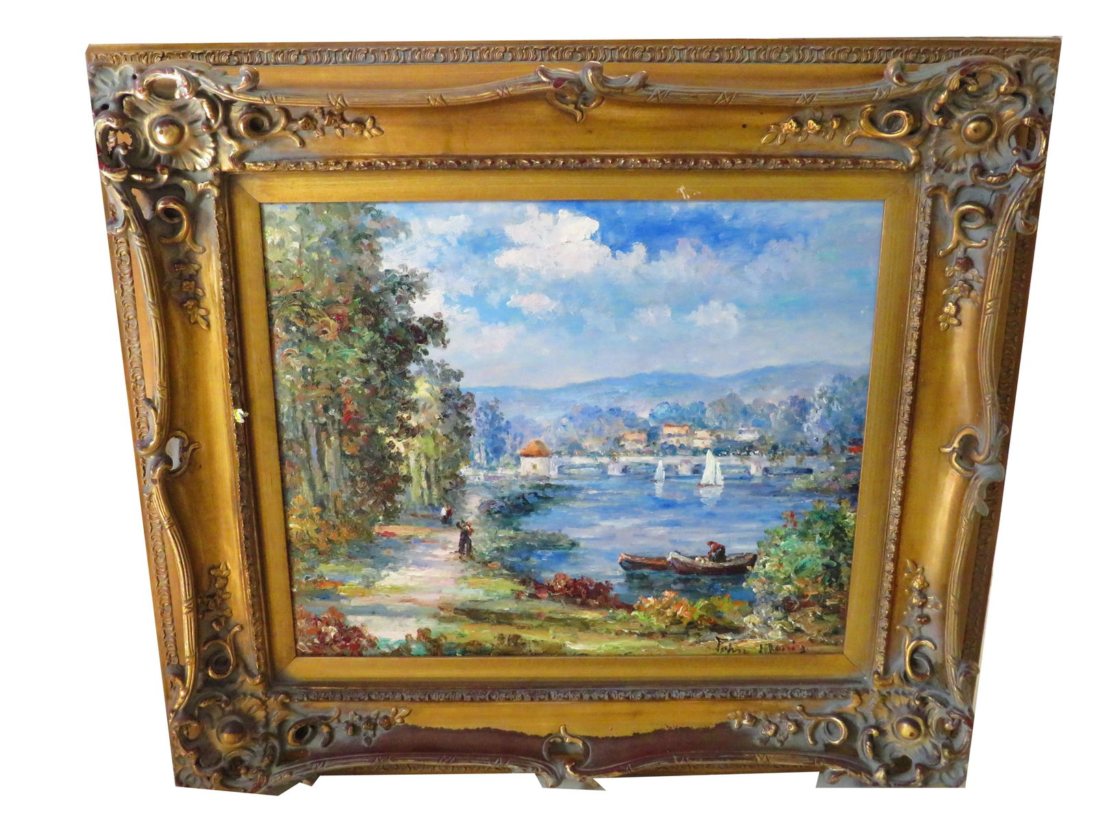 John Morris O/C "French Lake With Boats": John Morris, American (1920-1991) Oil on canvas "French Lake With Boats". Signed lower right. Good condition. Nicely framed. Good condition. Measures 20" x 24", frame 30-1/2" x 34-1/2". Third party sh