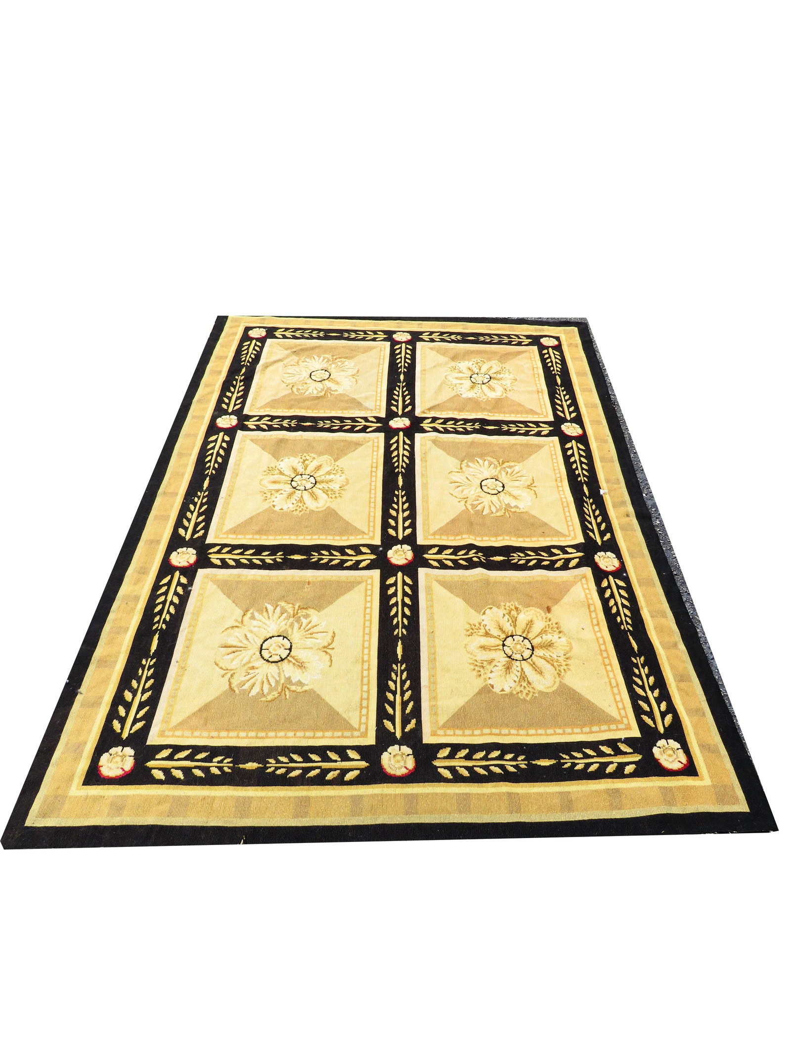 Vintage Aubusson Rug: Vintage Aubusson Rug. Unsigned. In need of cleaning, fraying to edges. Measures 81" x 57". Third party shipping.