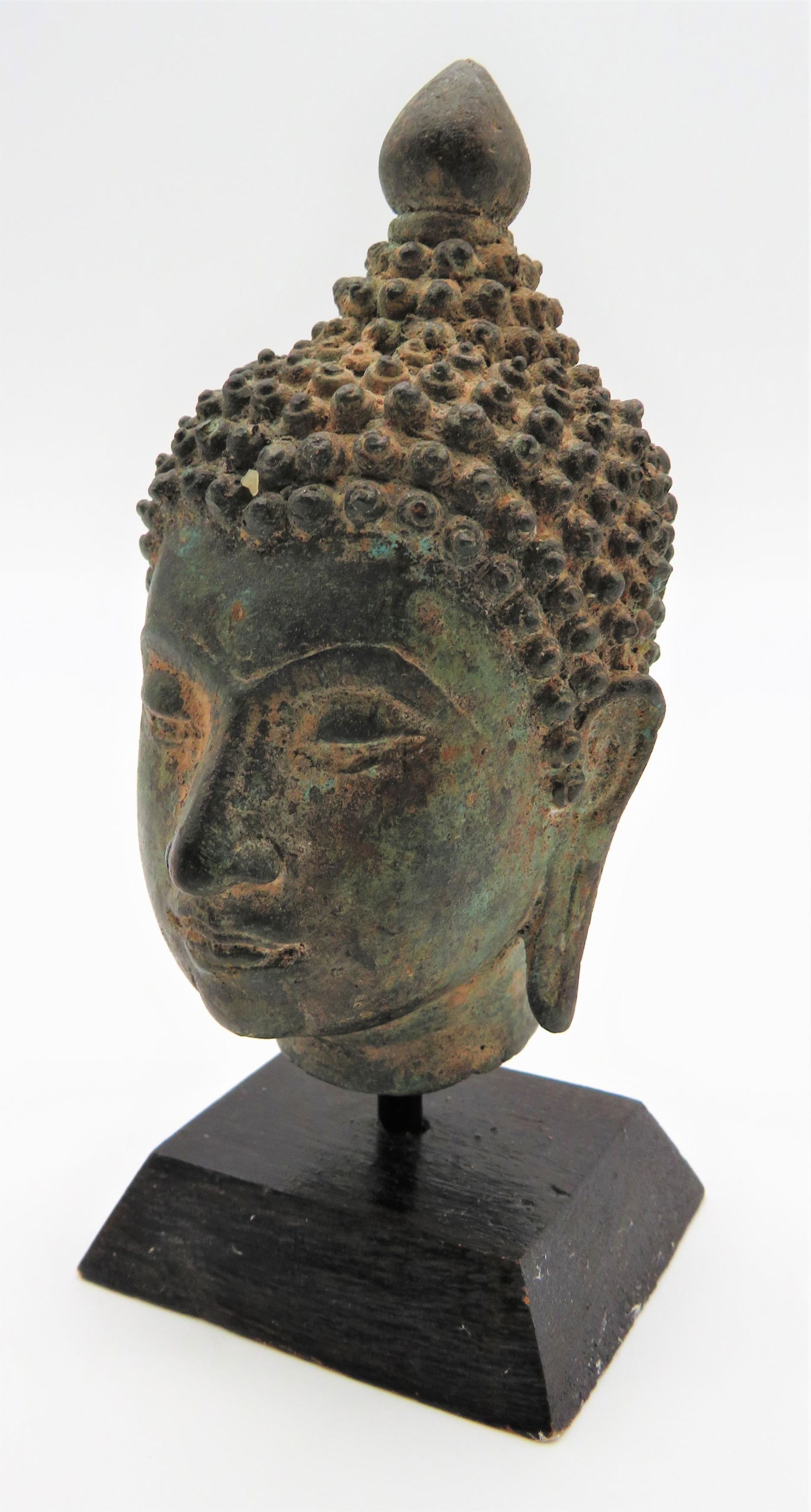 Miniature Bronze Buddha Head On Base (1 of 6)