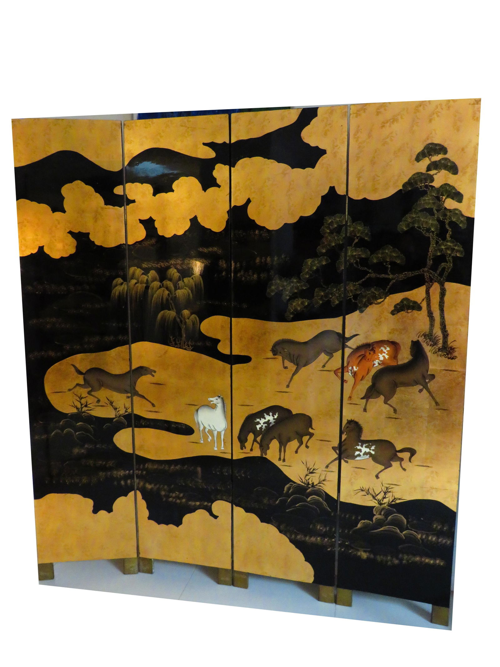 Antique Japanese Lacquered 4 Panel Byobu Screen (1 of 14)