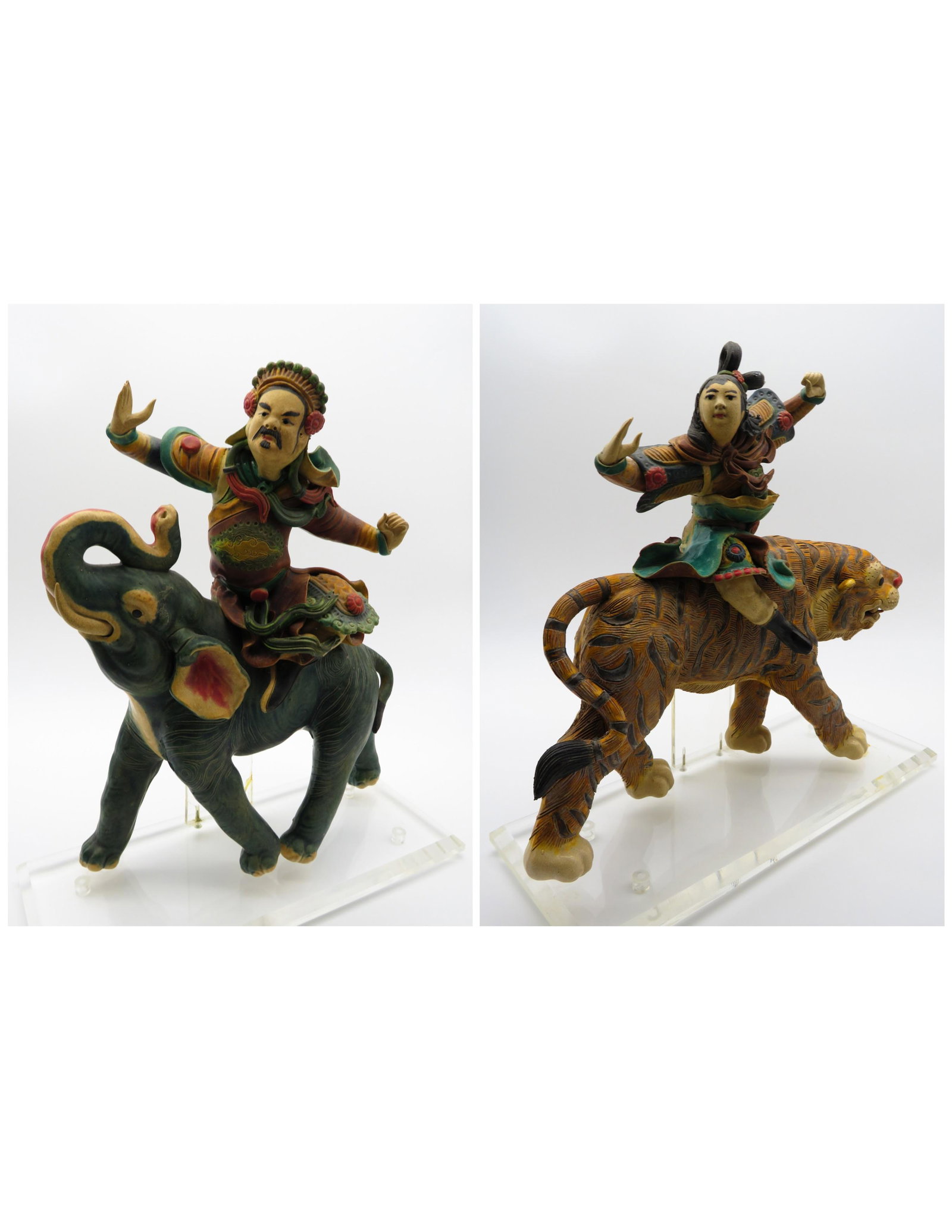 2 Qing Chinese Pottery Figural Roof Tiles: Two (2) Qing Chinese Pottery Figural Roof Tiles Mounted on Acrylic Bases. Depictions of a man riding a tiger, the other an elephant rider. Unmarked. Tiger Tile measures 14" H x 14" L x 4 D, base measu