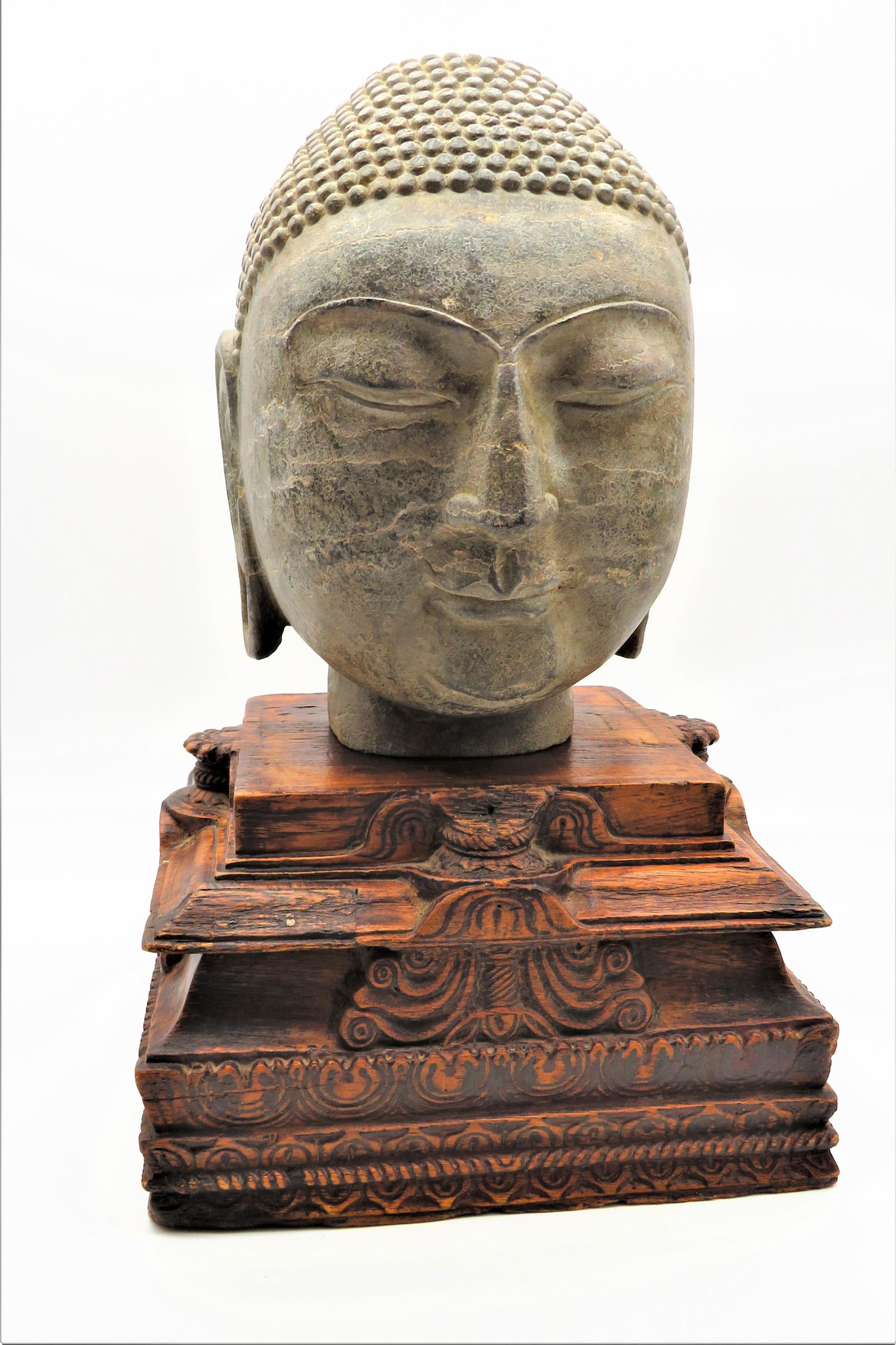 Large Stone Buddha Head On Carved Wood Base (1 of 9)