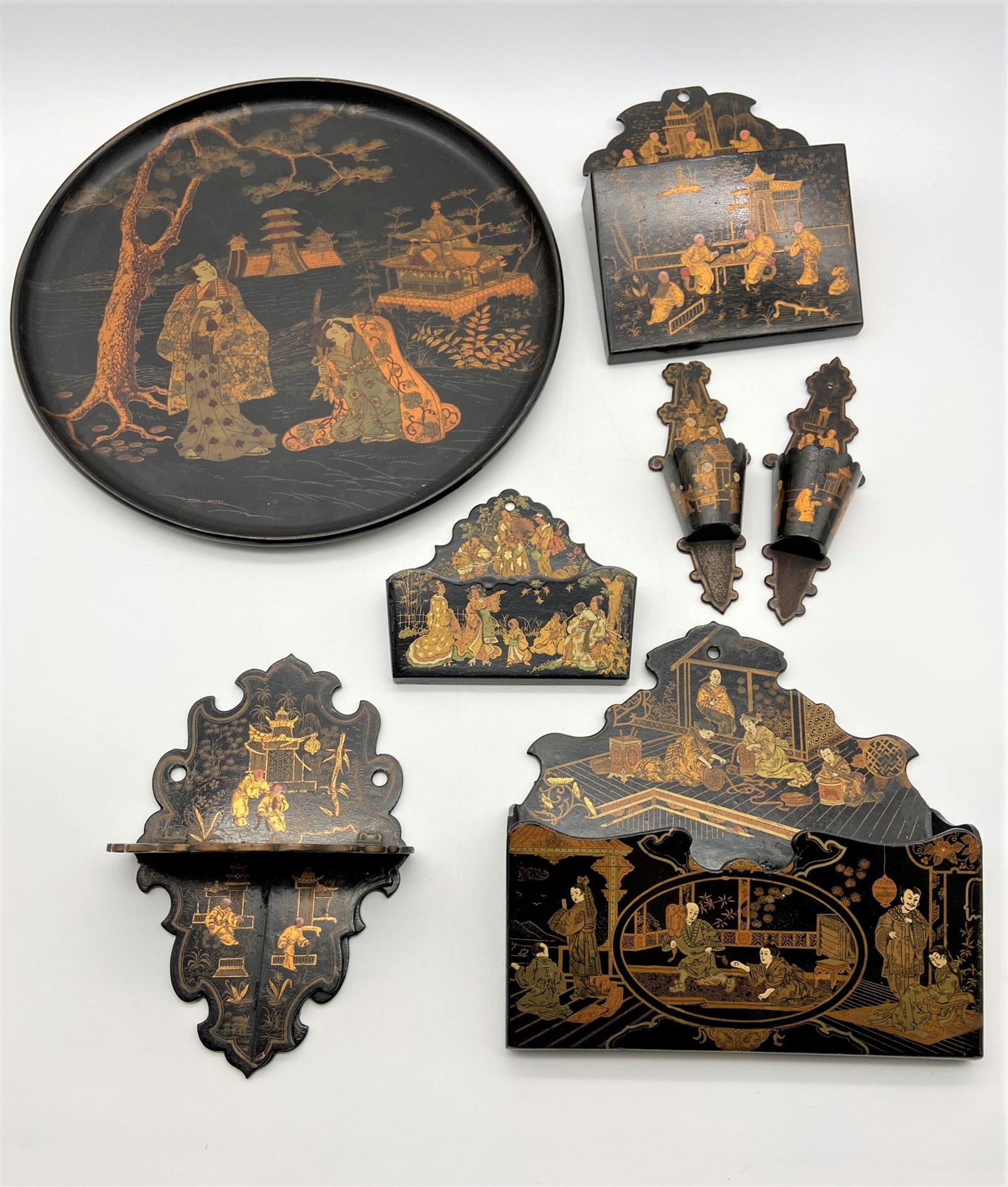 7 Pc 19C Japanese Black Lacquerware Lot (1 of 7)