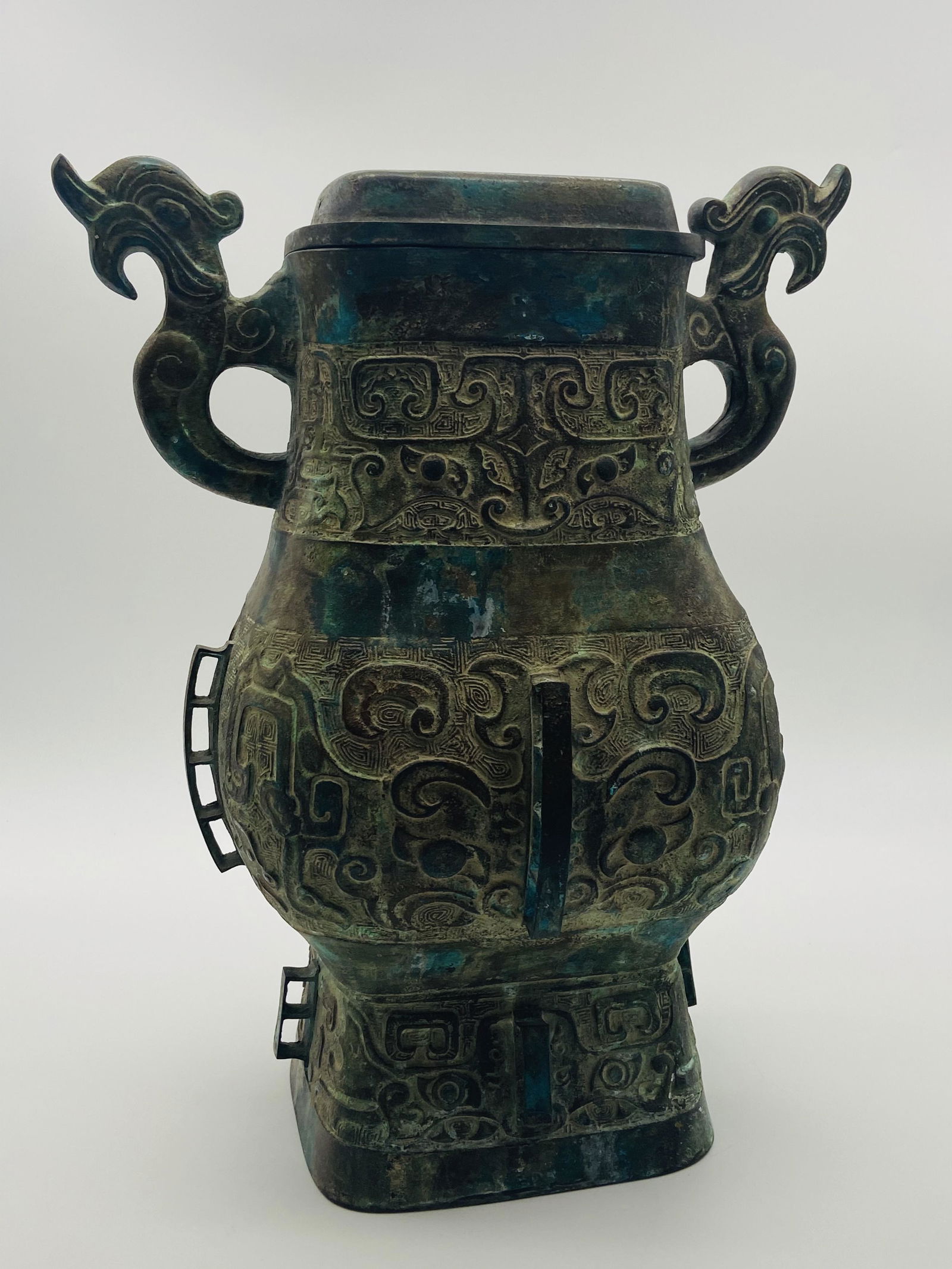 Ancient Chinese Bronze Lidded Handled Urn (1 of 5)