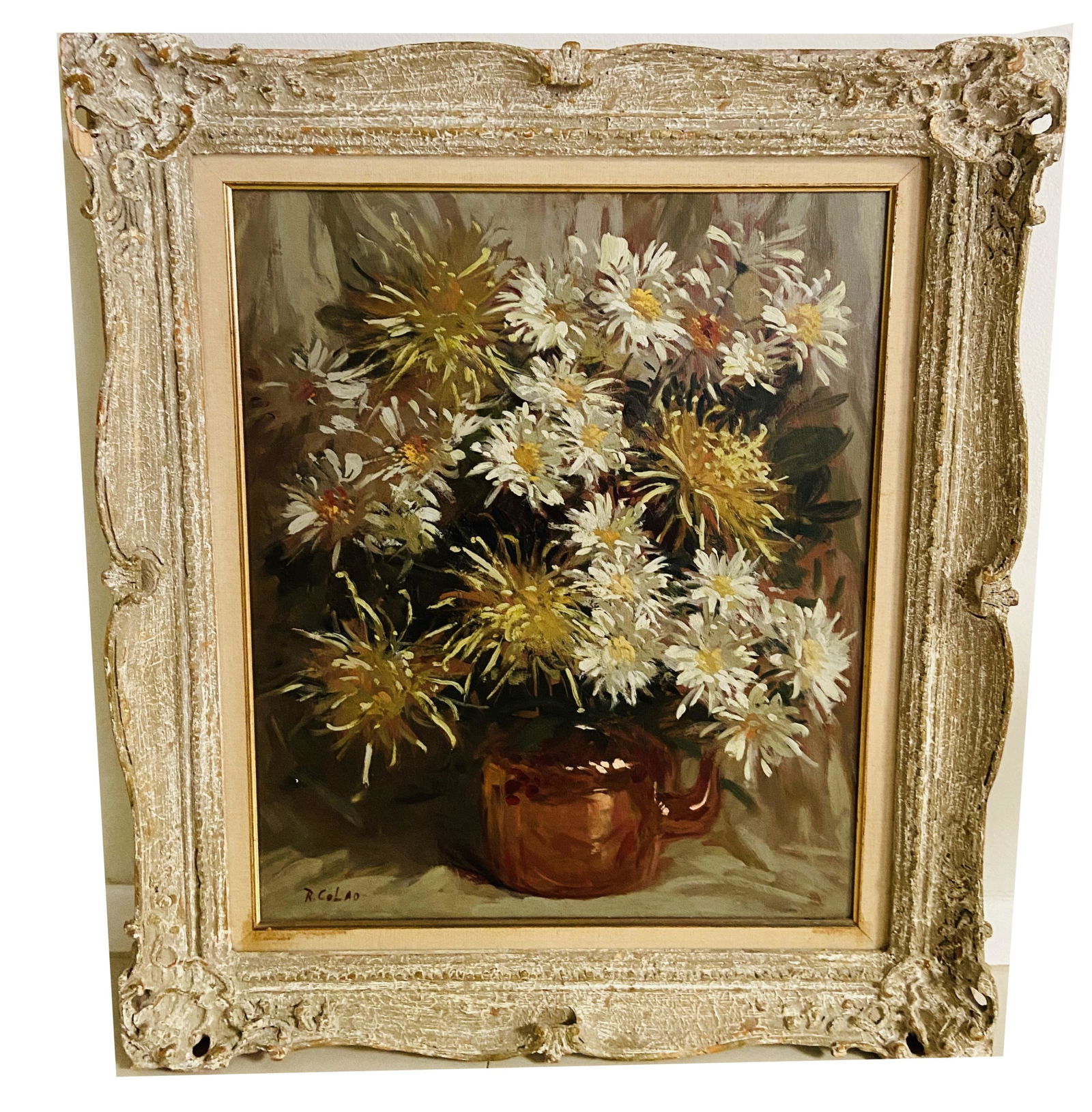 Rudolph Colao O/B Still Life With Flowers: Rudolph Colao, American (1927-2014) Oil on masonite "Still Life With Flowers". Period frame. Signed lower left. Good condition. Measures 24" x 20", frame measures 31" x 27". Third party shipping.
