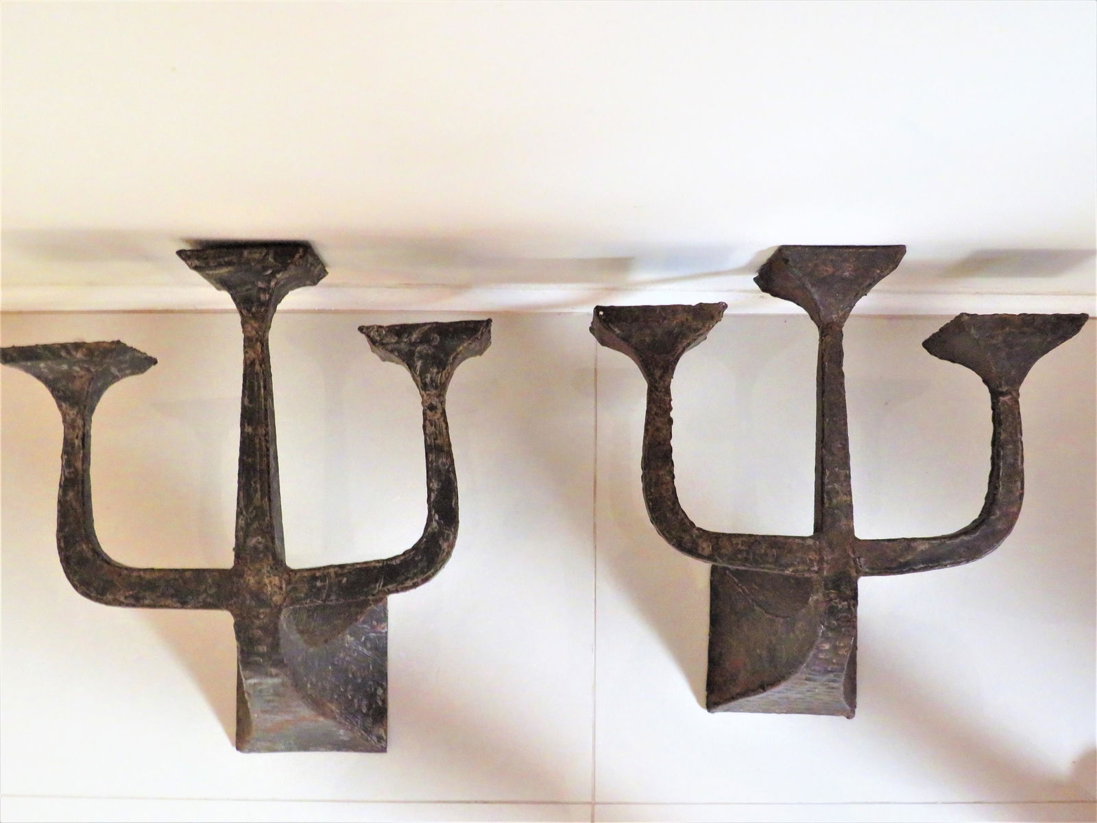Pair 1960's Brutalist Metal 3 Arm Candle Sconces (1 of 5)