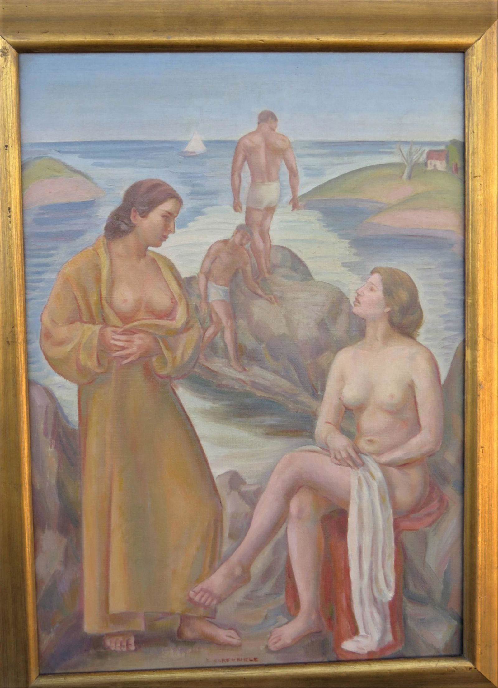 Art Deco Period O/C Nude Bathers: European Art Deco Period Oil On Canvas " Bathers". In a similar style and genre of Tamara De Lempicka. Good condition. Signed. Measures 28" x 20". frame measures 32-1/2" x 24-1/2". Third party shippin