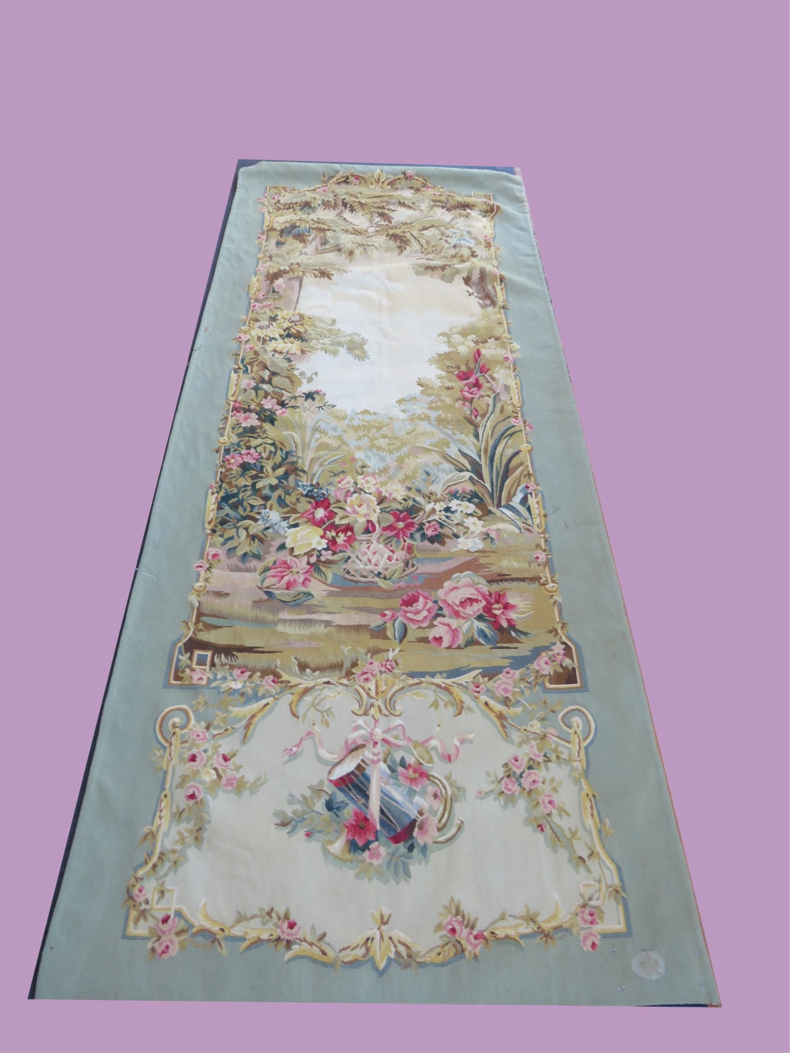 Modern American Made Aubusson Hand Woven Runner: Modern American Made Aubusson Hand Woven Runner "Drums". Label verso. Very good condition. Measures 8'2" x 3'. Third party shipping.