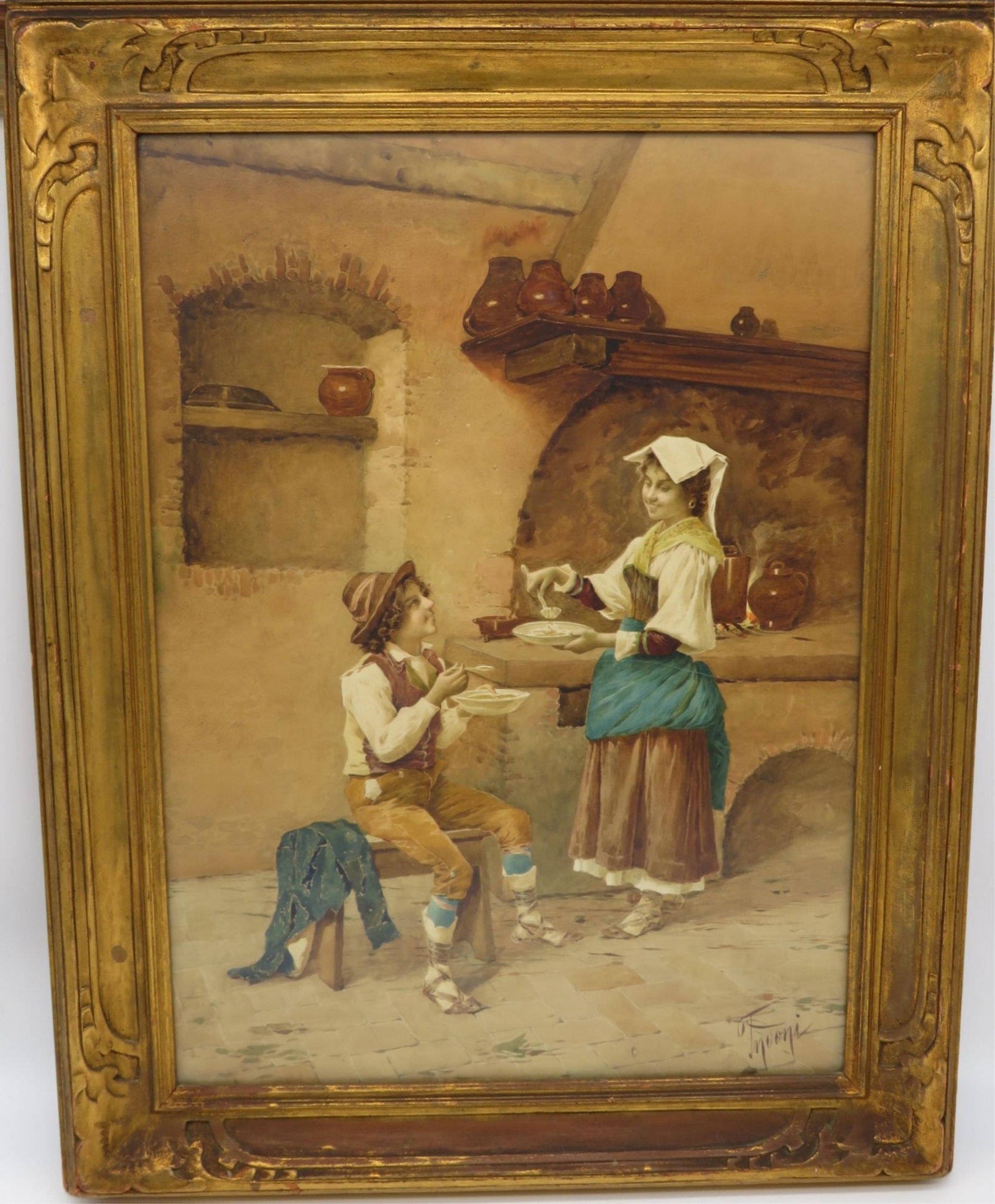 Filippo Indoni, Jr. (Italian) W/C "Serving Soup": Filippo Indoni, Jr. (Italian, 1842-1908)) Watercolor on paper "Serving Soup". In original frame under non glare glass. Signed lower right. Gallery label from Bresler Galleries Milwaukee. Very good con