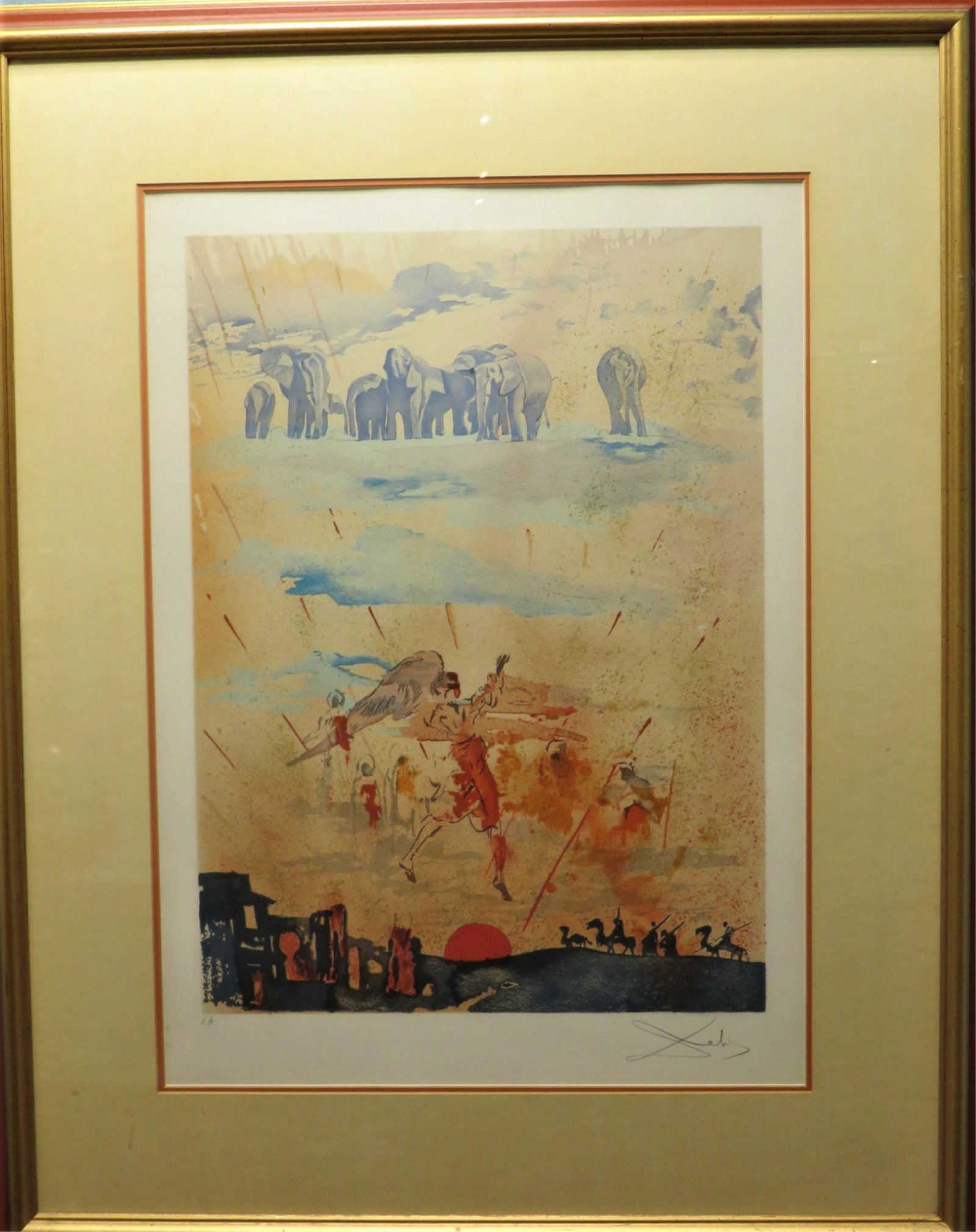 Salvador Dali Color Lithograph Arabian Nights: After: Salvador Dali (French/Spanish 1904-1989) Color Lithograph From "Elephant On Clouds" Tales Of 1001 Nights (Arabian Nights). Signed in pencil lower right and EA Lower left. Good condition. Image 