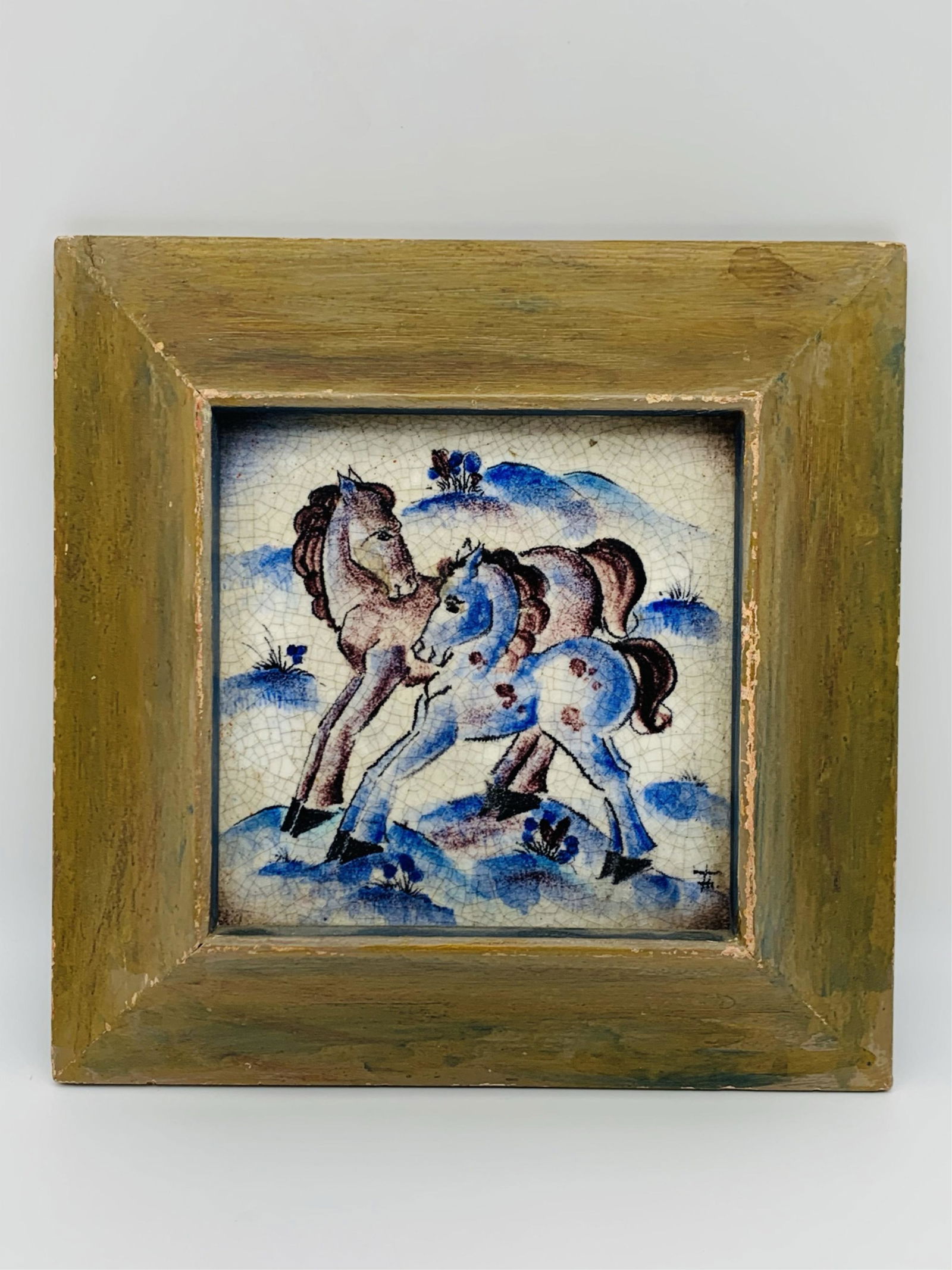 Art Deco Fritz Hudler Framed Pottery Tile "Horses" (1 of 5)