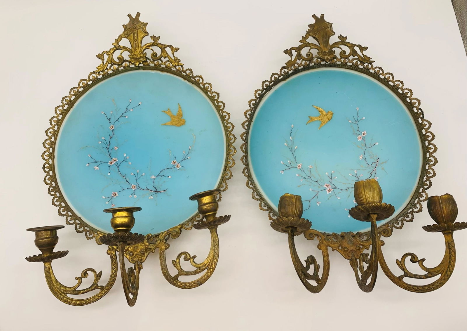 2 Victorian Bronze & Cased Glass 3 Light Sconces (1 of 10)