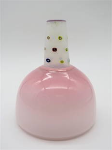 Richard Marquis; Ro Purser Noble Effort Vase: Richard Marquis; Ro Purser Noble Effort Vase. Pink to white round body with tapered neck decorated with figural murrini, including guitar, bat, horse, skull and others. Titled and dated 1987 in