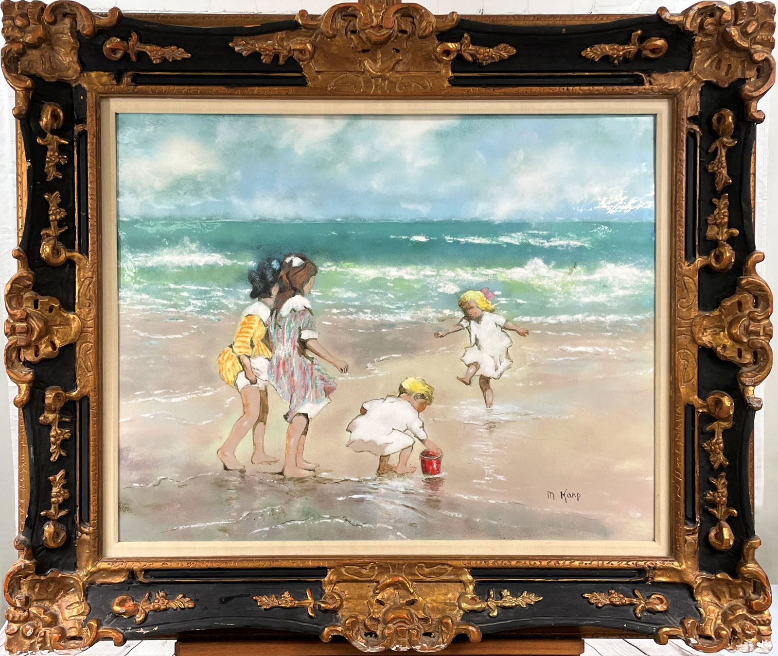 HUGE Max Karp Enamel On Copper "Children On Beach": HUGE Max Karp (American, 1916-1999) Enamel On Copper Painting "Children On Beach". In the style of Pothast. Signed M. Karp. Good condition. Measures 24" x 30", frame 34" x 40". All Items Are Third par