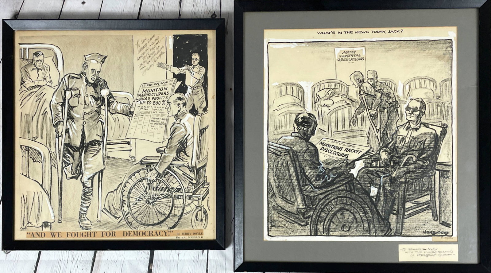 Historical Herb Block 1934 Illustration +1 Two Historical 1934 "Merchants Of Death": Two Historical 1934 "Merchants Of Death" Original Ink & Gouache On Paper Illustrations. 1. Herb Block (Herblock) "Munitions Racket Disclosures", Inscribed by the artist: To Senator Nye with the sincer