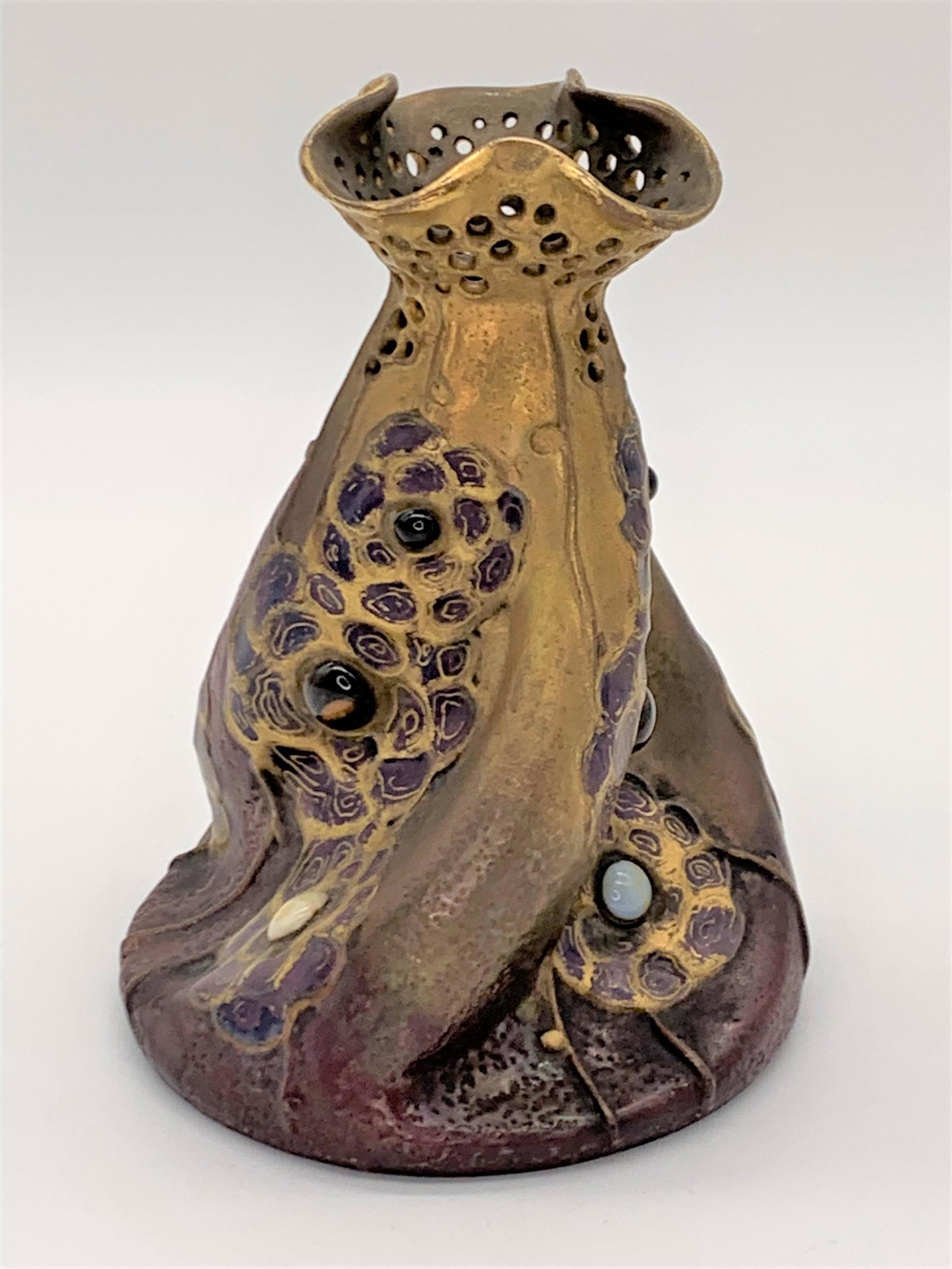 Art Nouveau Amphora Gres-Bijou Vase: Art Nouveau Amphora/ Riessner & Kessel Gres-Bijou Ceramic Vase. Biomorphic form with rich glossy and matte gilt and subtle color finishes, abstract bas-relief motifs and simulated jewels. Circa 1904-1