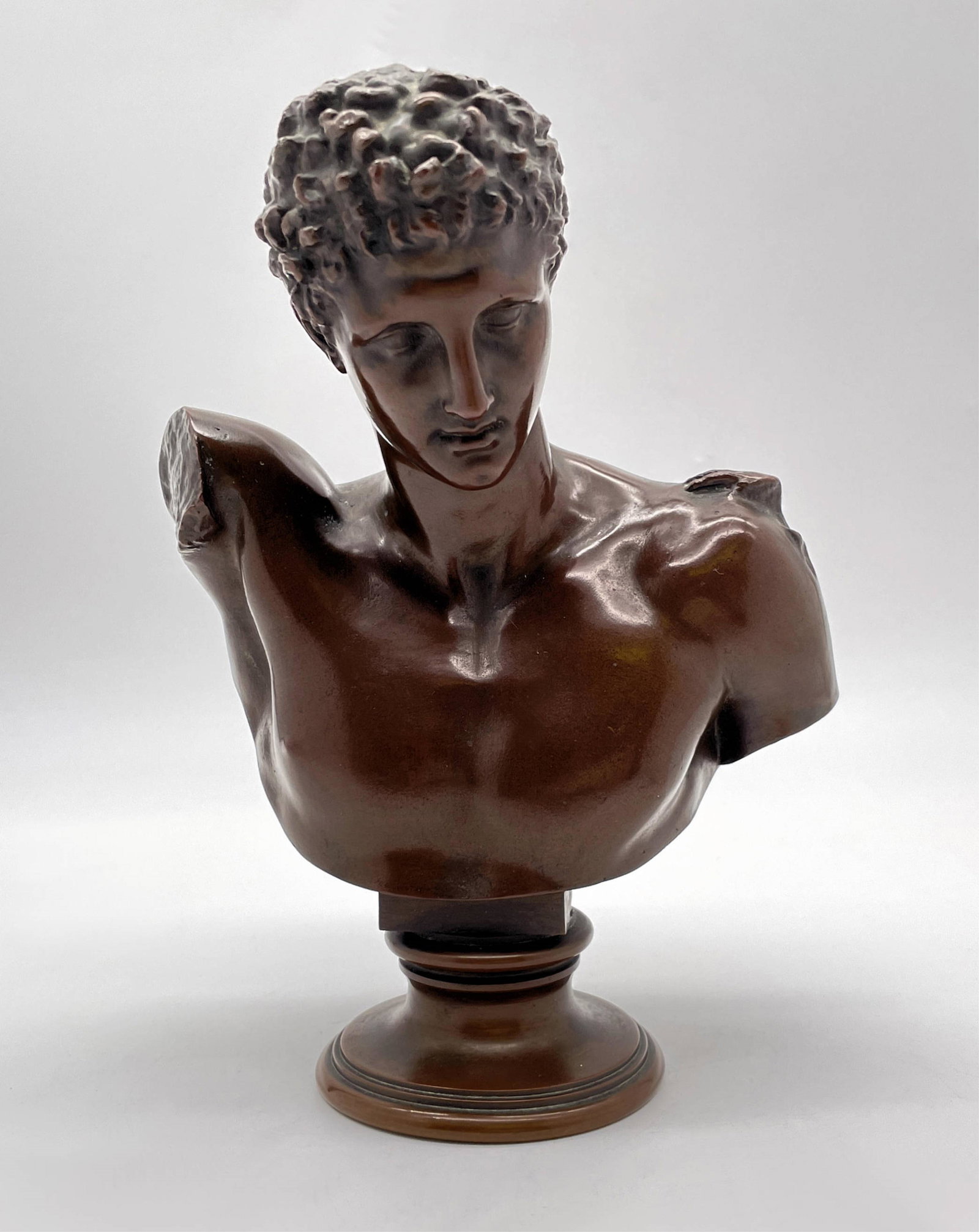 Antique Bronze Bust Of David: Well done patinated Austrian bronze bust of David. Signed with faint mark and foundry mark. Very good condition. Measures 7-1/2" H x 5-1/2" W. All Items Are Third party shipping or free local pick-up 