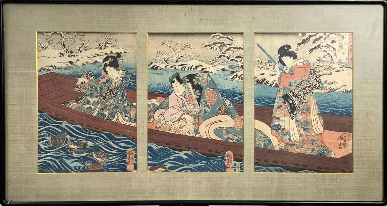 Utagawa Kuniyoshi Woodblock Triptych: Utagawa Kuniyoshi, Japanese (1798-1861) Color Woodblock Triptych "Girl Feeding Ducks". Signed in prints. Toning or in good condition. Each print measures 13-1/4" x 9" (sight), frame measures 19-1/2" x