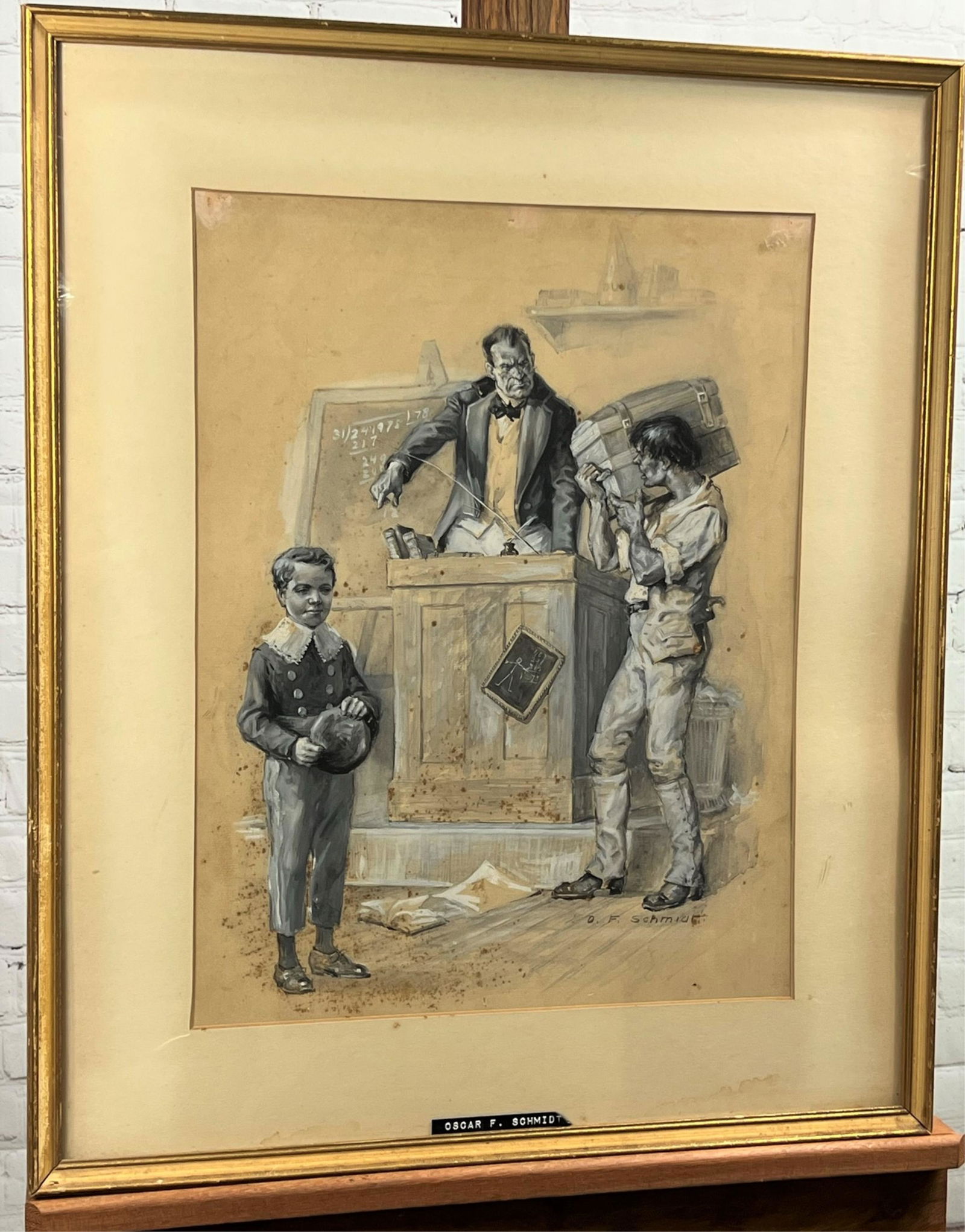 Oscar F Schmidt Illustration "Schoolmaster": Oscar Frederick Schmidt, American (1892 - 1957) Illustration in gouache "Schoolmaster". Signed lower right. Toning, foxing, tack holes in corners. Measures 18-1/2" x 14" (sight), frame measures 25-1/2