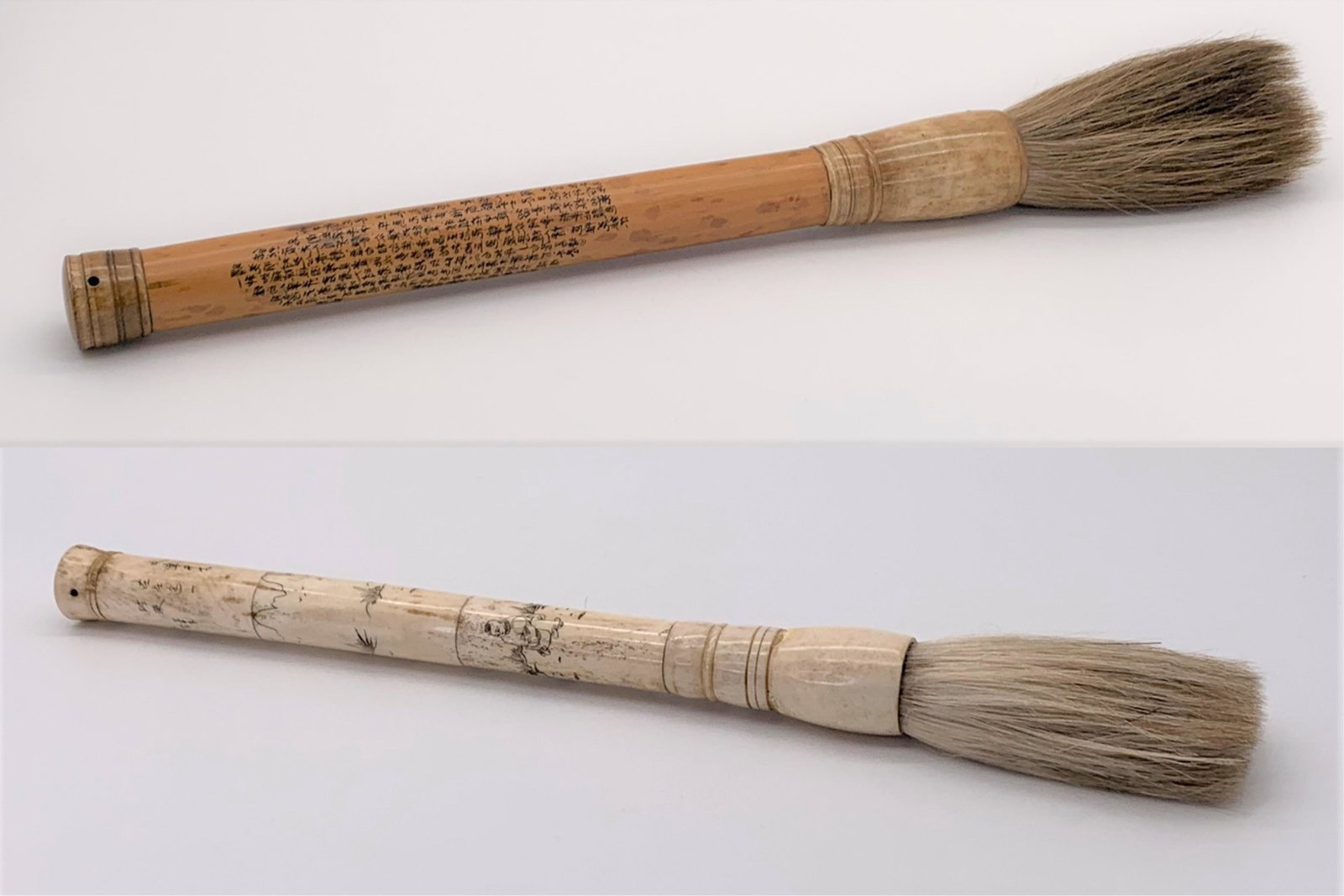 2 Antique Chinese Incised Bone Brushes: 2 Antique Chinese Incised Bone Brushes. One decorated with calligraphy, the other decorated with figures in landscapes as well as calligraphy. Both are in very good condition, consistent with age. Mea