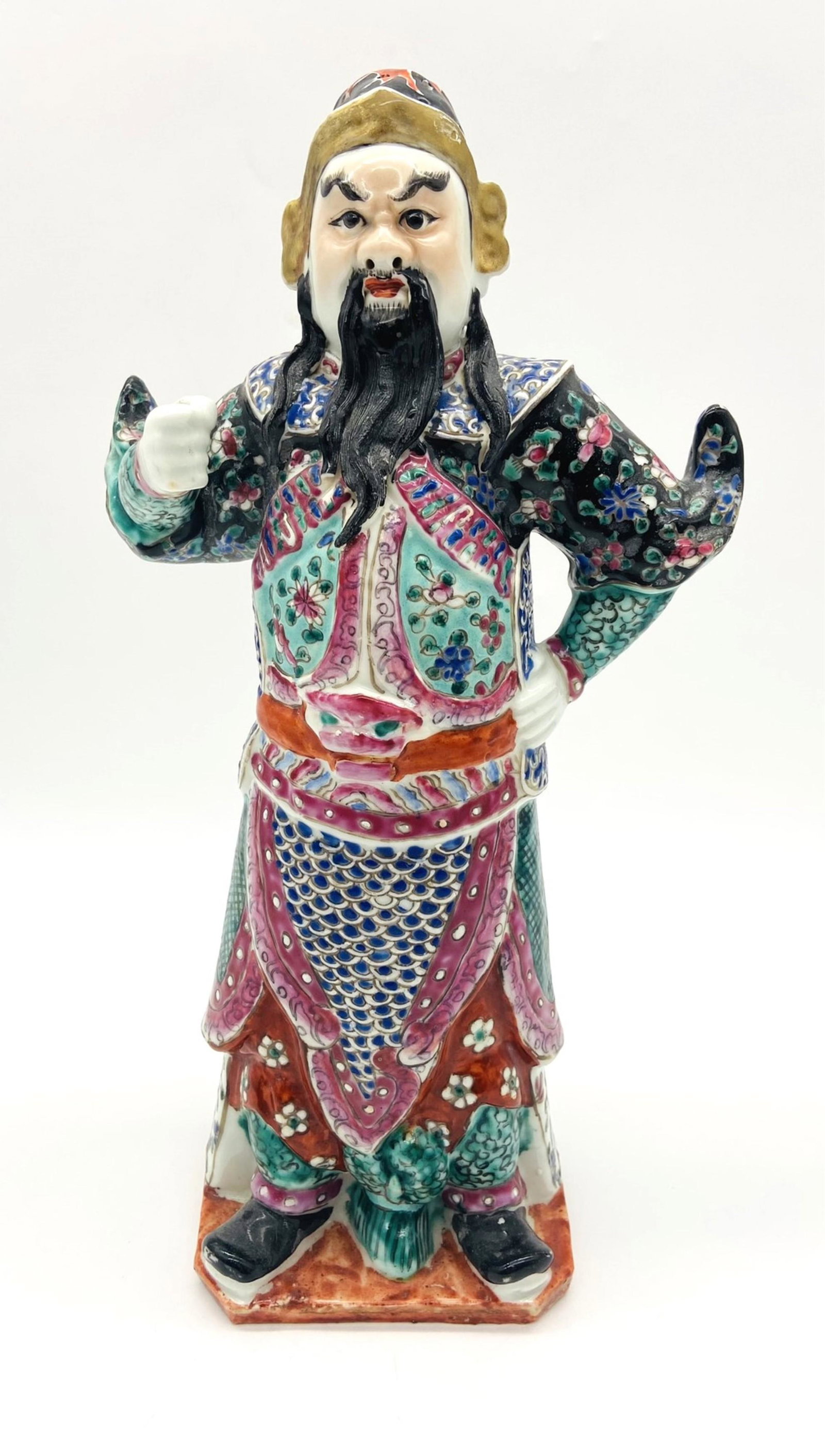 Early 20th Century Chinese Familia Rose Figure: Early 20th Century Chinese Familia Rose Figure. Measures 12" H 6.5 L and 4" At Base. In Good Condition Small Chip on Beard, Some Flacking on Paint Normal for Age. All Items Are Third party shipping or