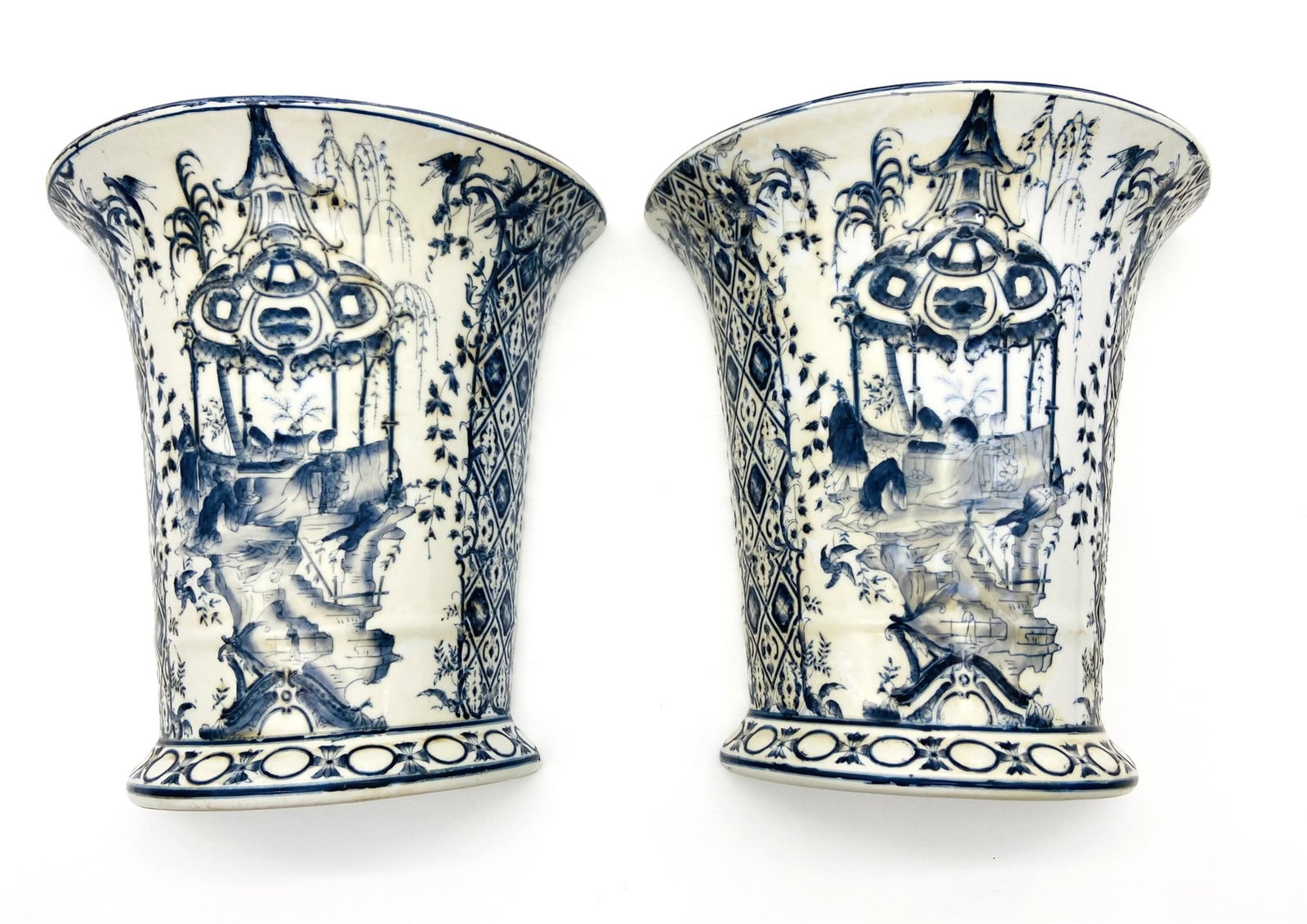 Chinese Style Porcelain Wall Pockets: Chinese Style Porcelain Wall Pockets. Landscape and Flower Pattern. Marked. Measures 8.5" H 8" D . In Good Condition No Cracks or Chips just Slight Staining. All Items Are Third party shipping or free