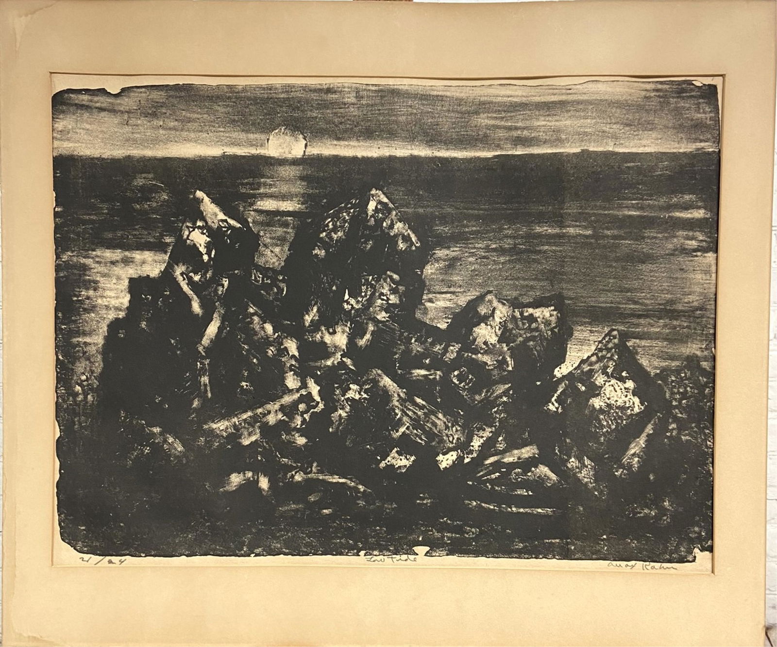 Max Kahn Duotone Lithograph "Low Tide": Max Kahn, Russian (1902-2005) Duotone Lithograph "Low Tide". Signed and numbered 21/24 in pencil. Toning, lght foxing or in good condition, lightly affixed to mat. Full sheet measures 20-1/2" x 26-3/4