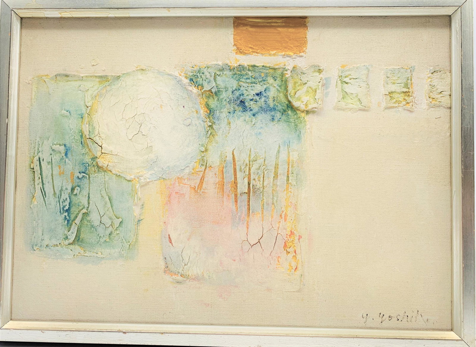 Attributed: Jiro Yoshihara Oil on Canvas: Attributed: Jiro Yoshihara, Japanese (1905-1972) Oil on Canvas "Untitled Abstract". Signed lower right. This piece is from our private collection and have had it for quite some time. It has no other p