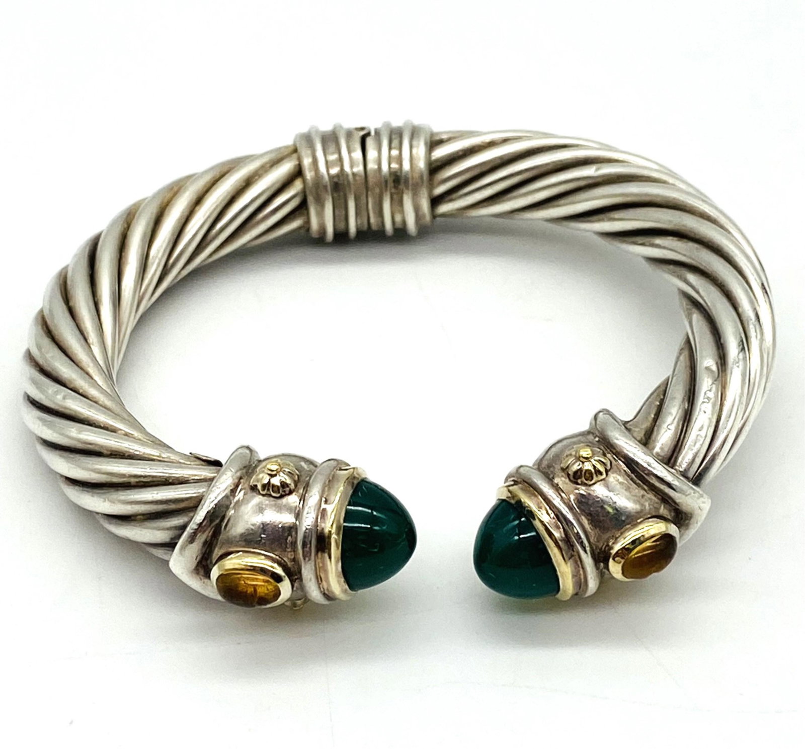 David Yurman Style 18K Gold And Sterling Bracelet: David Yurman Style 18K Gold And Sterling Bracelet. Classic twisting rope style with Jade cap ends and precious stones. Measures 3" D, weighs 46 grams. In good condition. All Items Are Third party ship