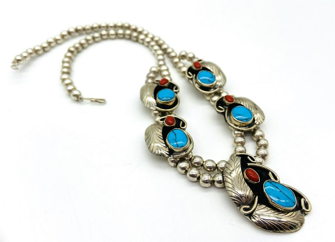 Navajo Sterling Turquoise & Coral Necklace-SIGNED (1 of 7)