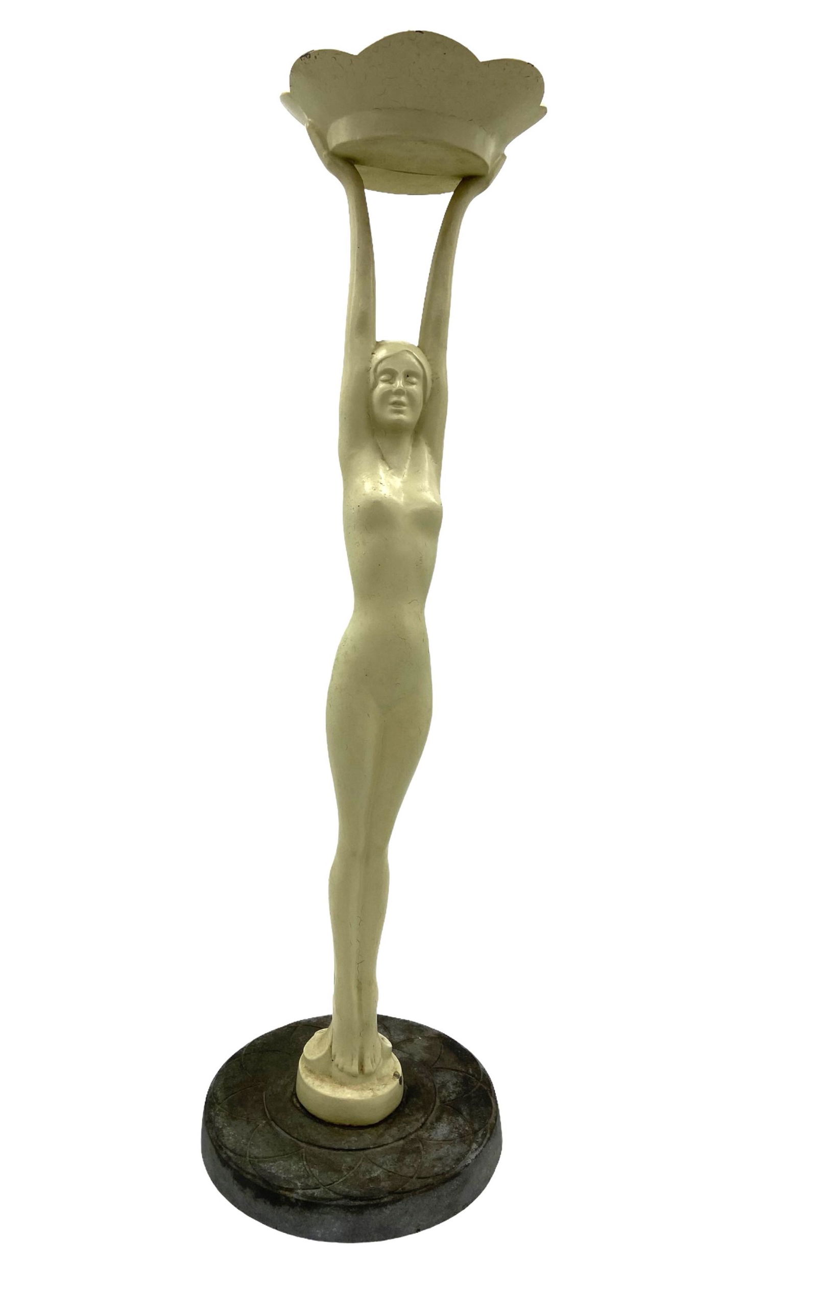 Art Deco Frankart Nude Smoking Stand: Art Deco Frankart Nude Smoking Stand. Unsigned. Measures 23.5 H x 5.5 D in, base measures 7 in. In good condition, nude was painted over and is flaking. All Items Are Third party shipping or free loca