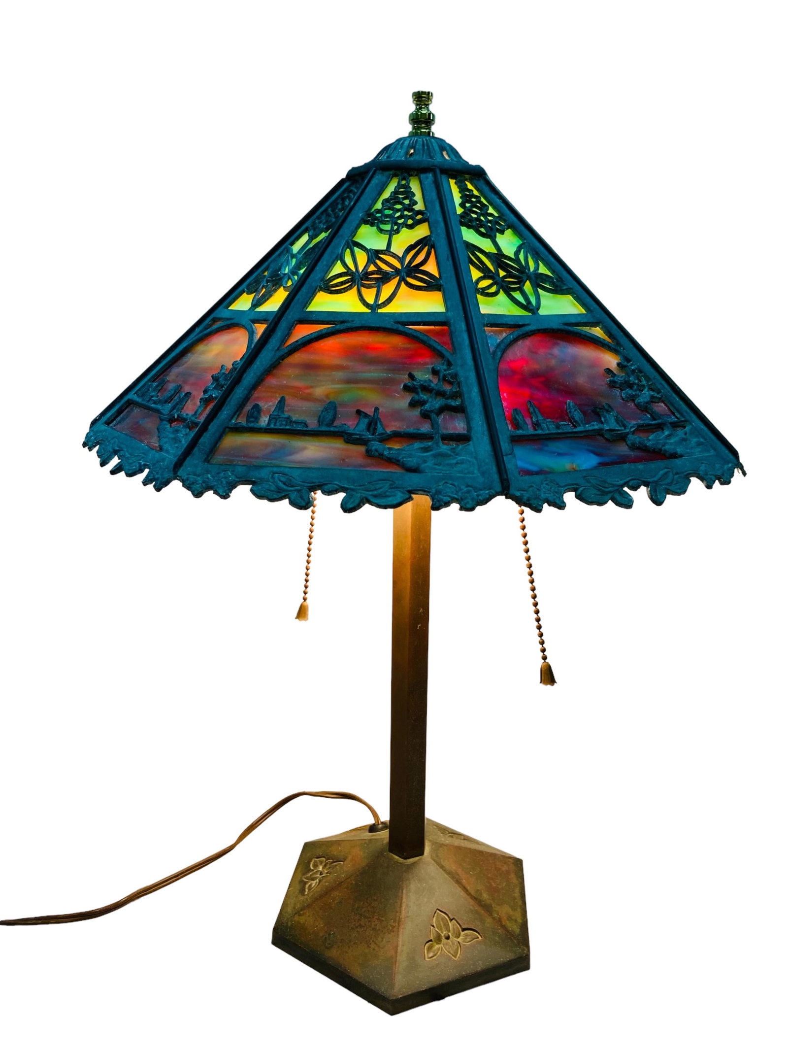 Bradley & Hubbard Overlay Slag Glass Lamp: Bradley & Hubbard Overlay Slag Glass Lamp. Colorful glass, Boats along the shore motif. Signed. Small crack in metal of shade, glass is in good condition, typical wear and oxidation, later finial and 