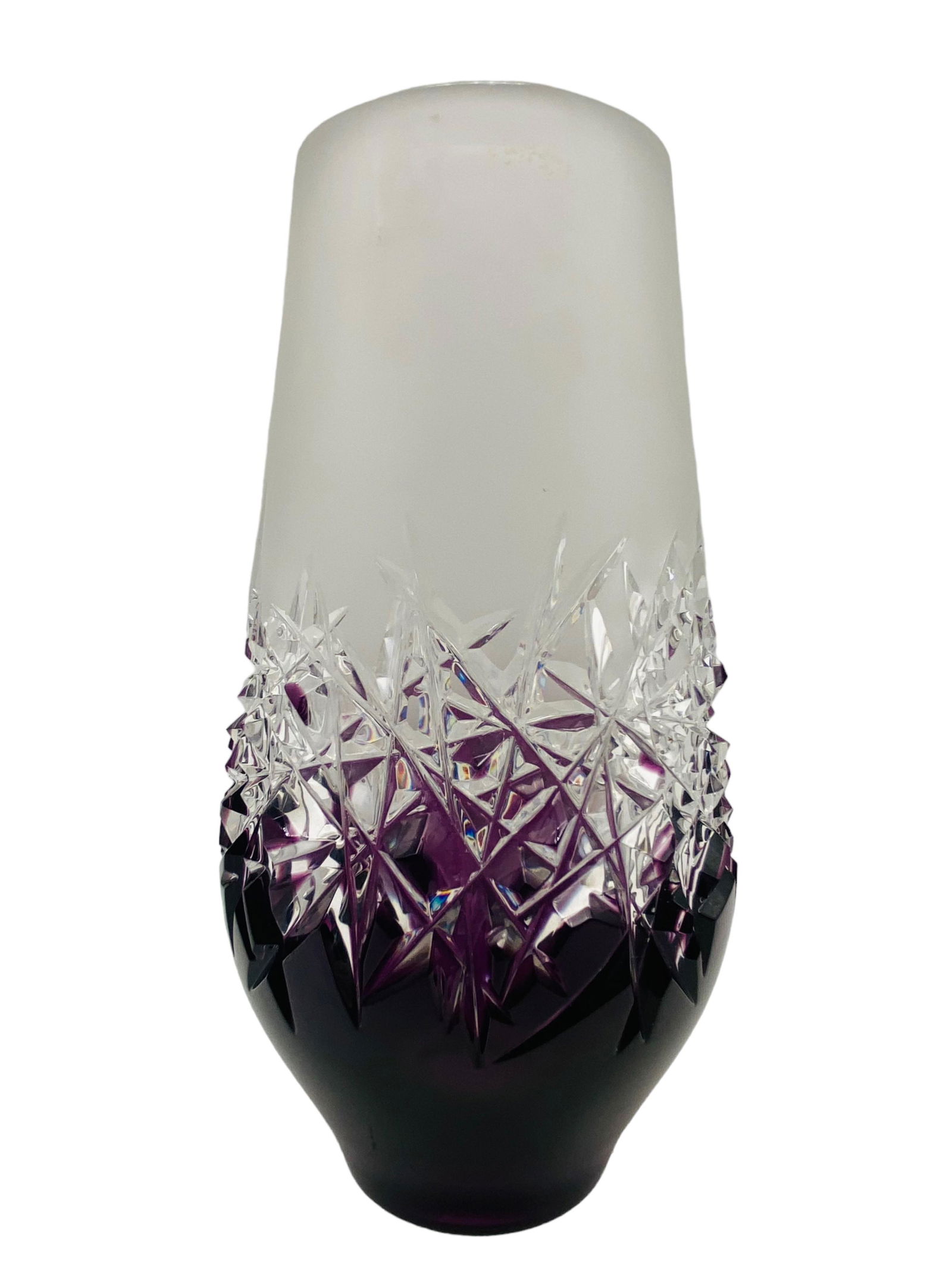 Hoarfrost by Caesar Bohemian Crystal Glass Vase: Czech Caesar Bohemian Crystal Glass Vase "Hoarfrost". Unsigned. Measures 9 7/8" H x 4 7/8" D. In excellent condition, no chips or crack, teeth on cut crystal are in excellent condition. All Items Are