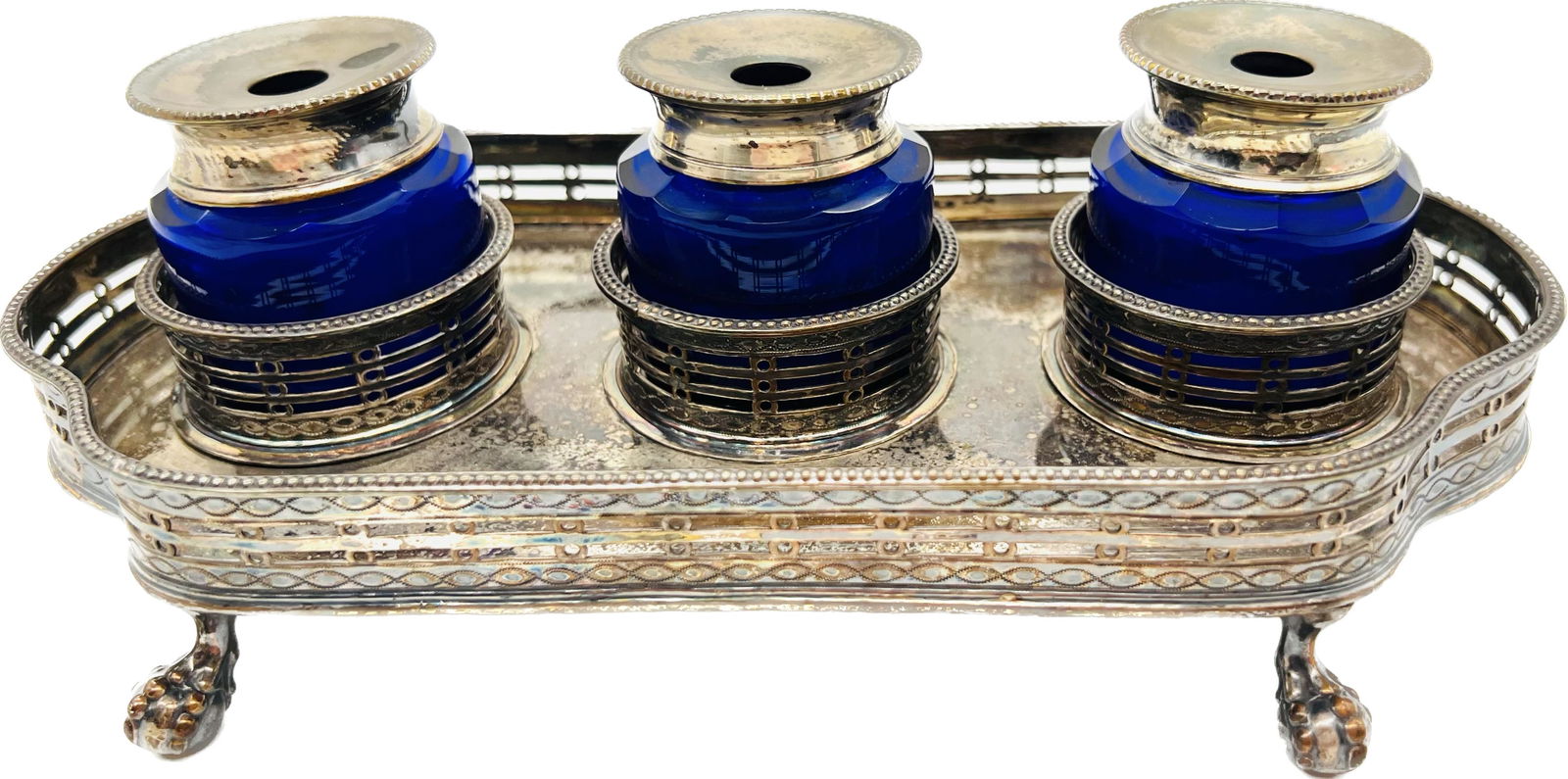 Antique Silver Plate & Cobalt Glass Ink Stand (1 of 5)