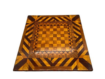 Antique Solid Inlaid Wood Game Board: Large Antique Solid Inlaid wood game board for Parcheesi, Chess & checkers. 24" x 24", 33.5" D, .7/8" Thick. In good condition, light wear on corners. All Items Are Third party shipping or free local