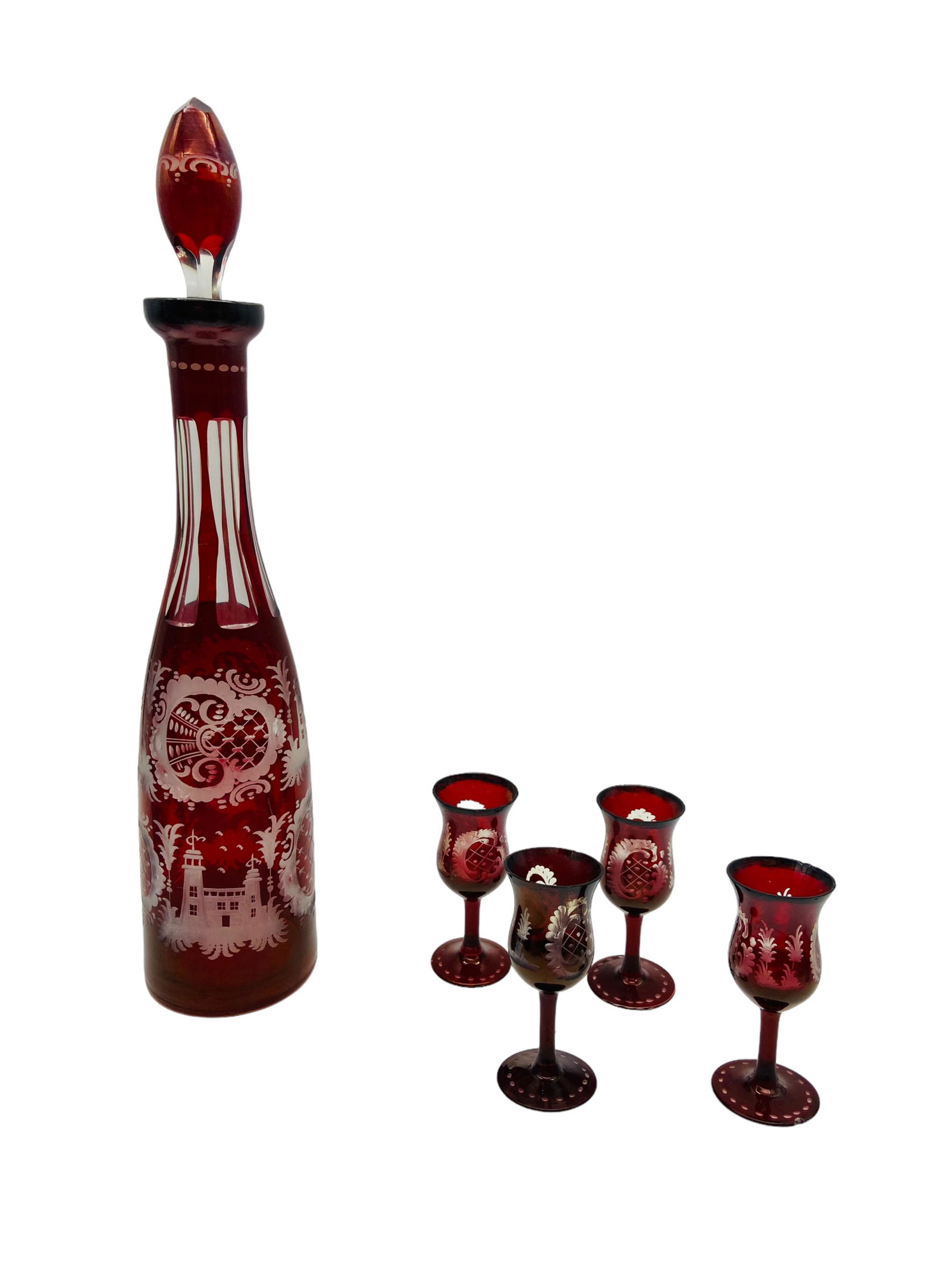 Bohemian Cut Glass Ruby Red Decanter and Glasses (1 of 6)
