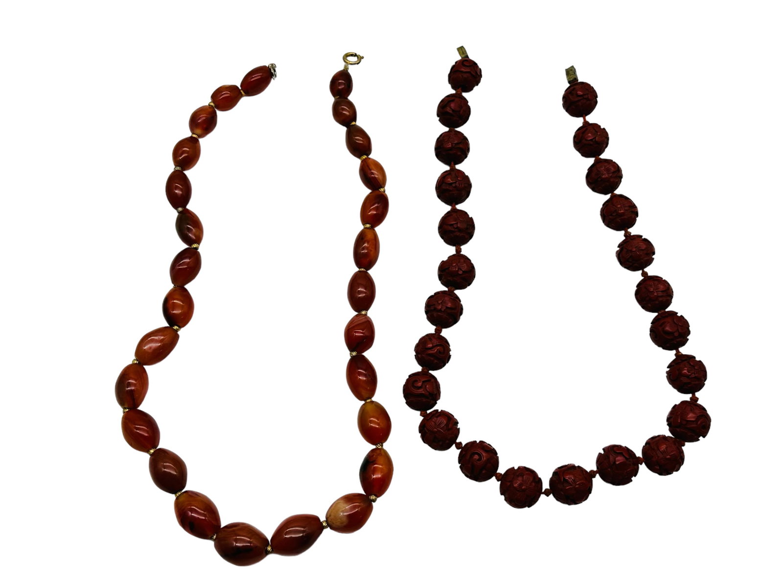 Chinese Carnelian And Cinnabar Necklaces: Chinese Carnelian And Cinnabar Necklaces. Unmarked. Approximately measures and weighs 19", 21", 145 grams. In great condition. All Items Are Third party shipping or free local pick-up within 60 days o
