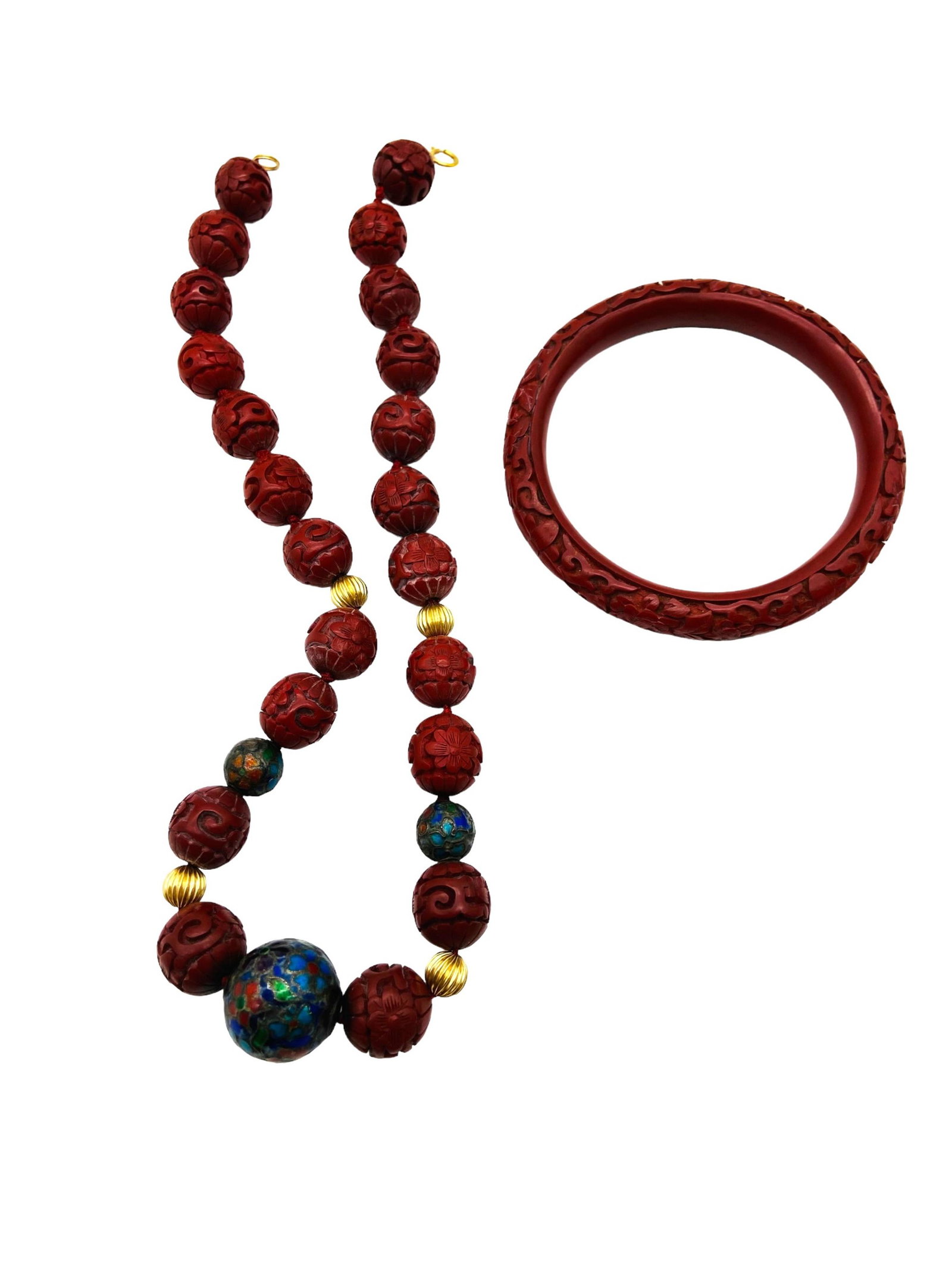 Antique Chinese Cinnabar Bead Necklace & Bangle (1 of 3)
