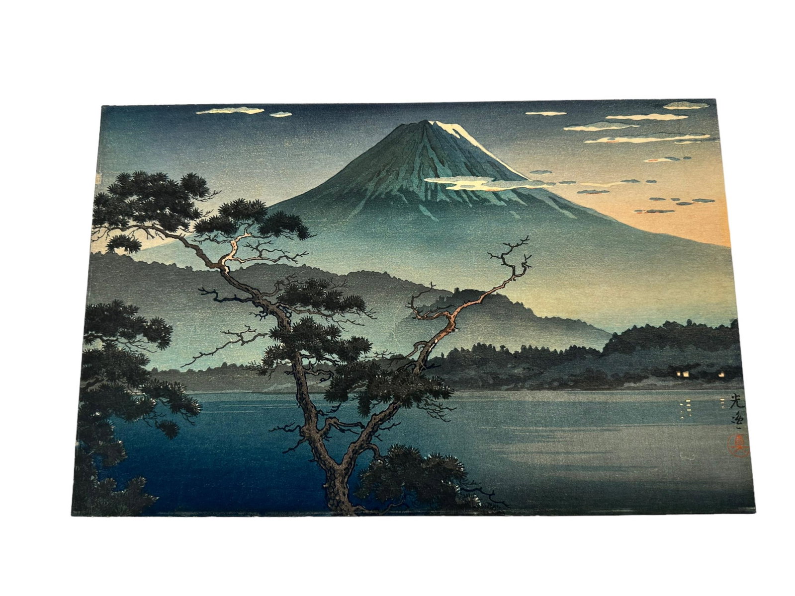 Koitsu Japanese Woodblock Mt. Fuji From Lake Sai: Tsuchiya Koitsu (1870-1949) Japanese Woodblock "Mt. Fuji From Lake Sai" Print is laid down on cardboard, no margins or in good condition. Measures 9-1/4" x 14-1/4". Third party shipping or free local 