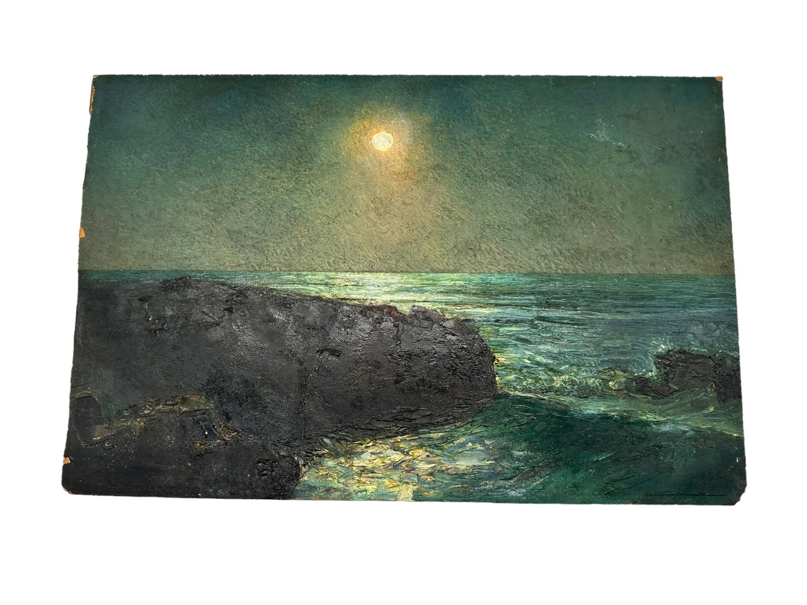 Antique Oil On Board "Moonlight Over Rocky Coast": Antique Oil On Artists Board "Moonlight Over Rocky Coast". In the manner of Howard Russell Butler (1856-1934). Unsigned. Overall good antique condition with small losses to corners. edges. Measures 11