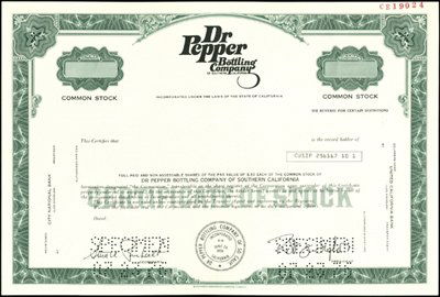 Dr Pepper Bottling Company of Southern California: CA. 1970's. Specimen stock certificates with company logo vignette. 1) Odd shares, green border. 2) 100 shares, blue border. 3) < 100 shares, orange border. SC-USBNC. XF.