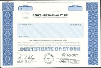 Berkshire Hathaway Inc. Class B Stock,: DE. 1996. Specimen. Odd shs. Temporary Certificate. Class B Common Stock. Facsimile signature of Warren Buffett signature. Rare certificate SC-USBNC. XF.