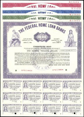 The Federal Home Loan Banks Bonds: U.S. Government. 1974. Specimen. "Organized and Exising Pursuant to the Federal Home Loan Bank Act". 4 different U.S. Federal related bearer bonds. All are Series C 0- 1980, 7.05% Consolidated bonds.