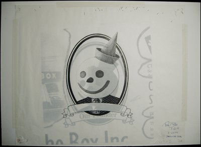U.S. Original Artwork for Jack In The Box Vignett: 1999. Artwork. 13.5 by 13.5 inch pen and ink drawing for "Jack In The Box" vignette used on stock certificates. Drawn on tracing paper taped to large cardboard backing with photo of Jack. The motto un