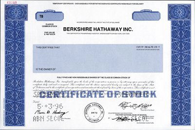 U.S. Berkshire Hathaway Incorporated.: 1996. Odd Shs. Specimen Temporary Certificate. Class B Common Stock. Blue border. Facsimile signature of Warren Buffett signature. Rare certificate. ABNC.