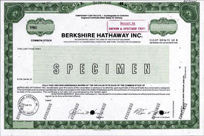 U.S. Berkshire Hathaway Incorporated.: 1973. Odd Shs. Specimen Temporary Certificate. Class B Common Stock. Green border. Facsimile signature of Warren Buffett signature. Rare certificate. ABNC.